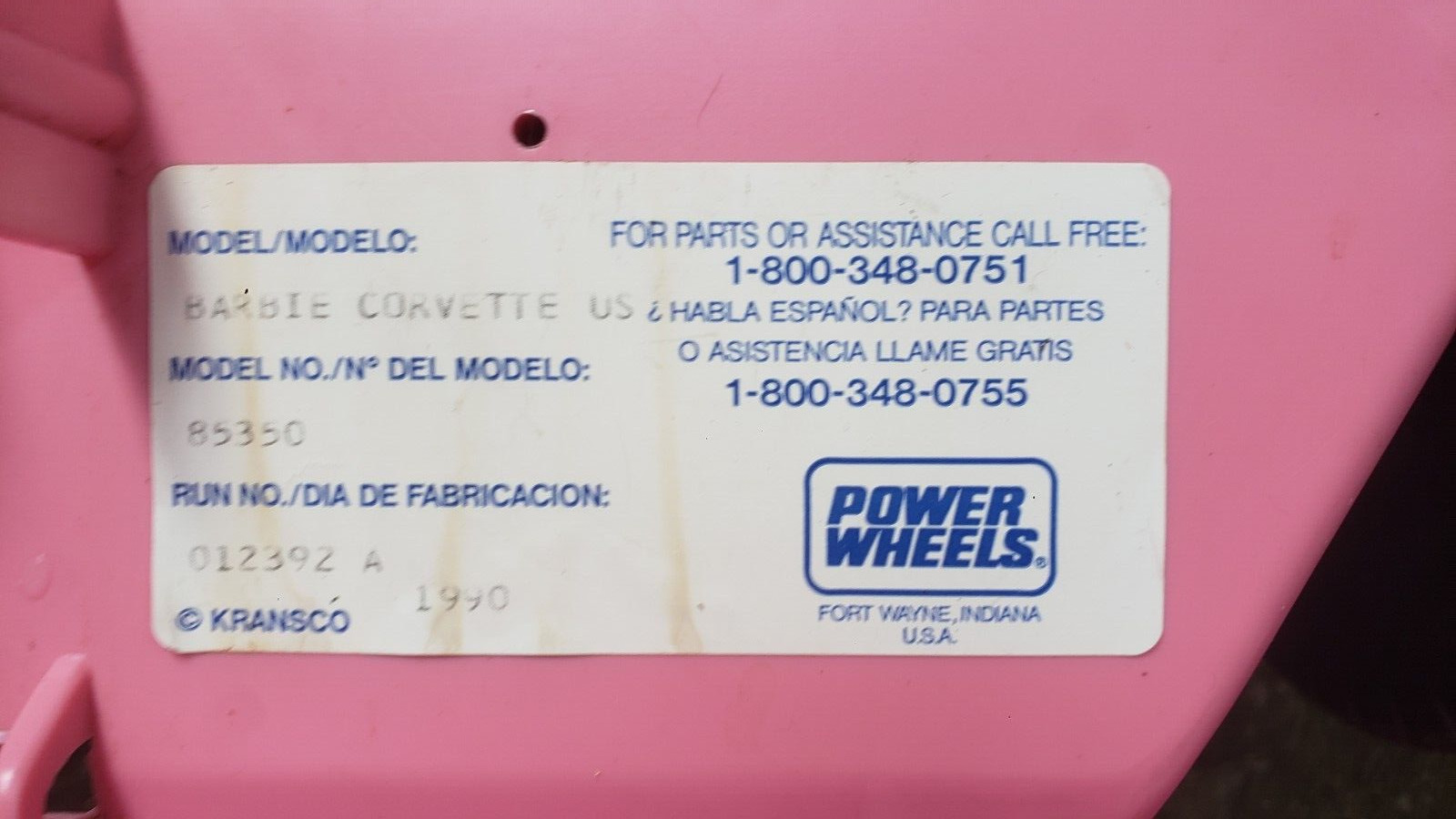 Barbie Corvette 1990 Vintage Power Wheels Pink Original SHIPPED