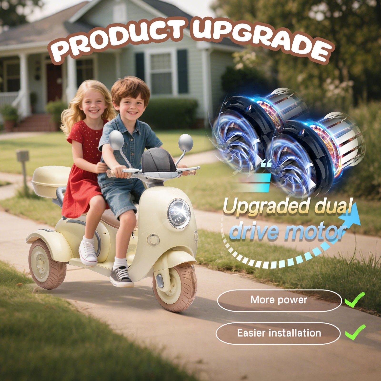 12V Ride on toys Kids Electric Motorcycle 2 Seater w/Bluetooth,LED, Beige