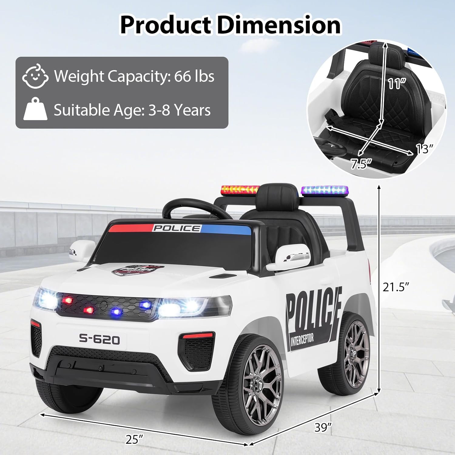Ride on Police Car, 12V Kids Battery Powered Electric Vehicle with Siren, Flashi