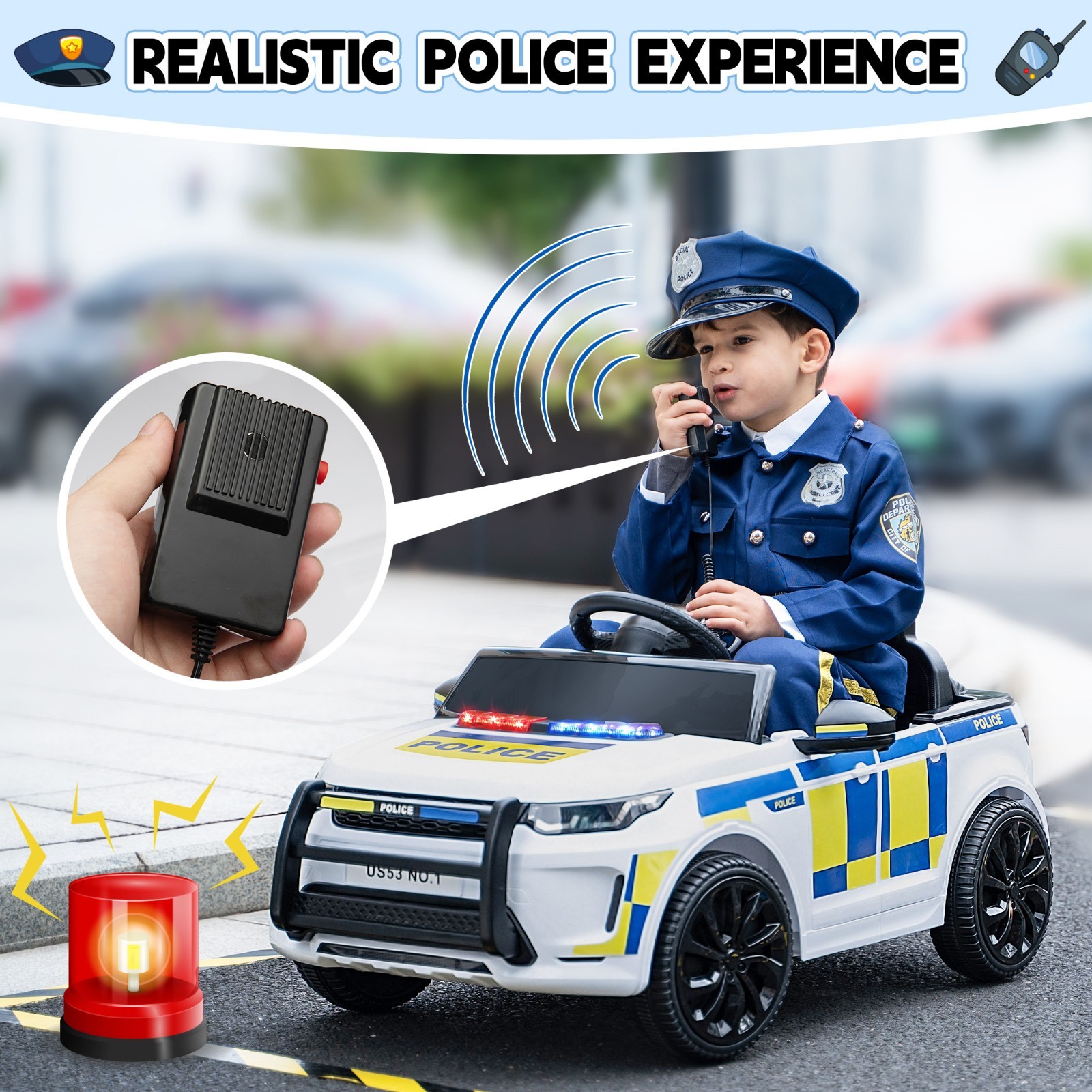 TOBBI Electric Ride-On Police Car with Remote Control LED Light, Megaphone