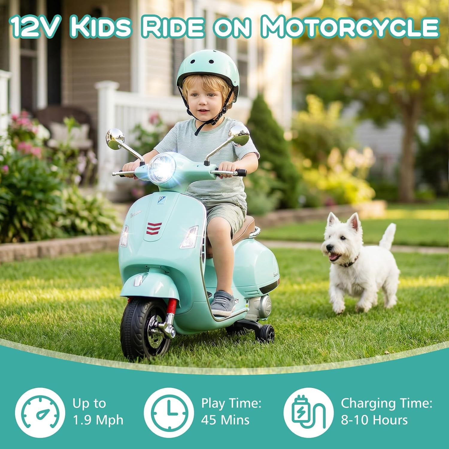 Licensed Vespa 12V Kids Motorcycle by with Training Wheels, Music, Story, Horn,