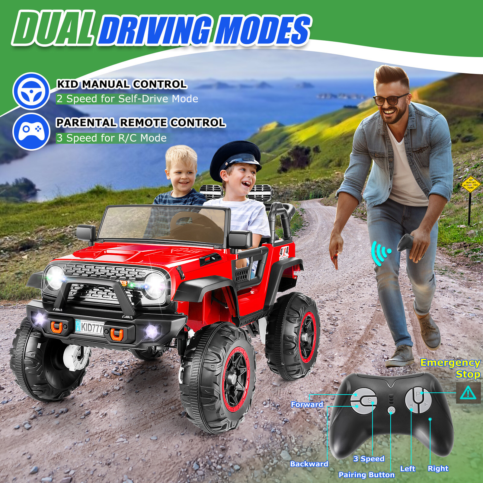 2 Seater Ride On Car for Kids 24V 400W Electric Jeeps Truck with Remote Control