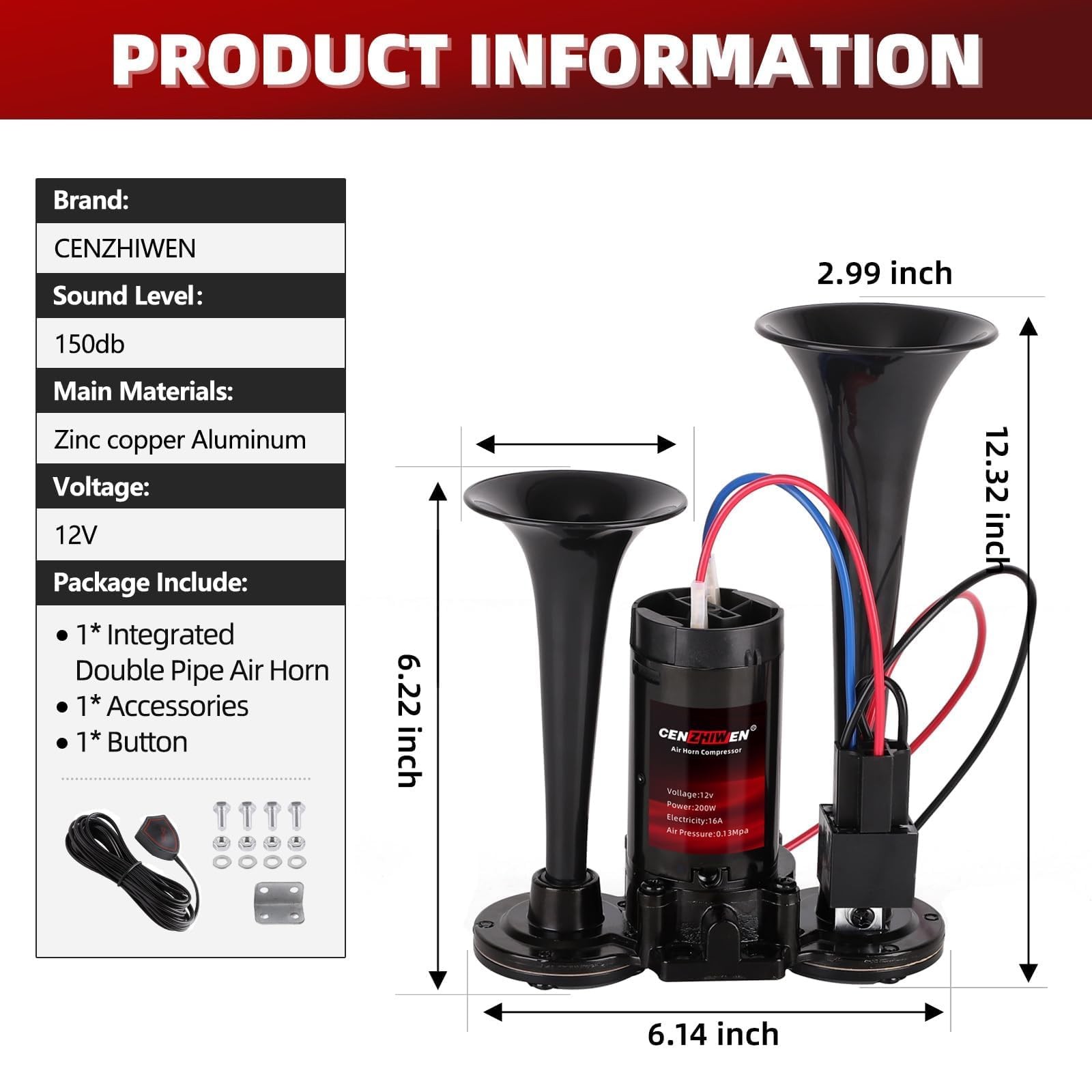 150dB Super Loud Air Horn with 12V Compressor for Cars, Trucks, and Boats