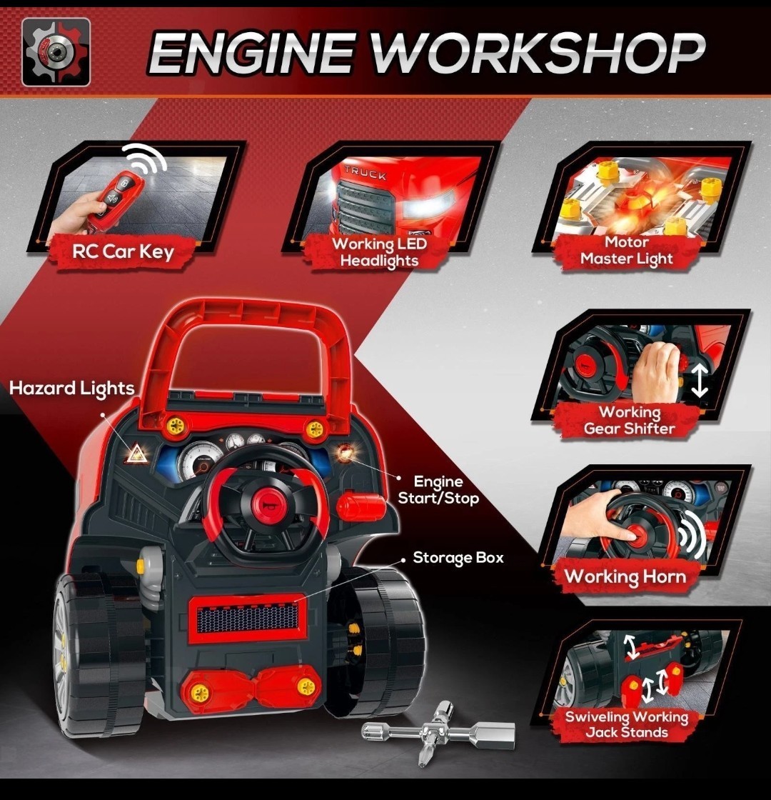 Portable Kids Engine Toy Workshop, Realistic Car Repair Set with Horn, Lights &