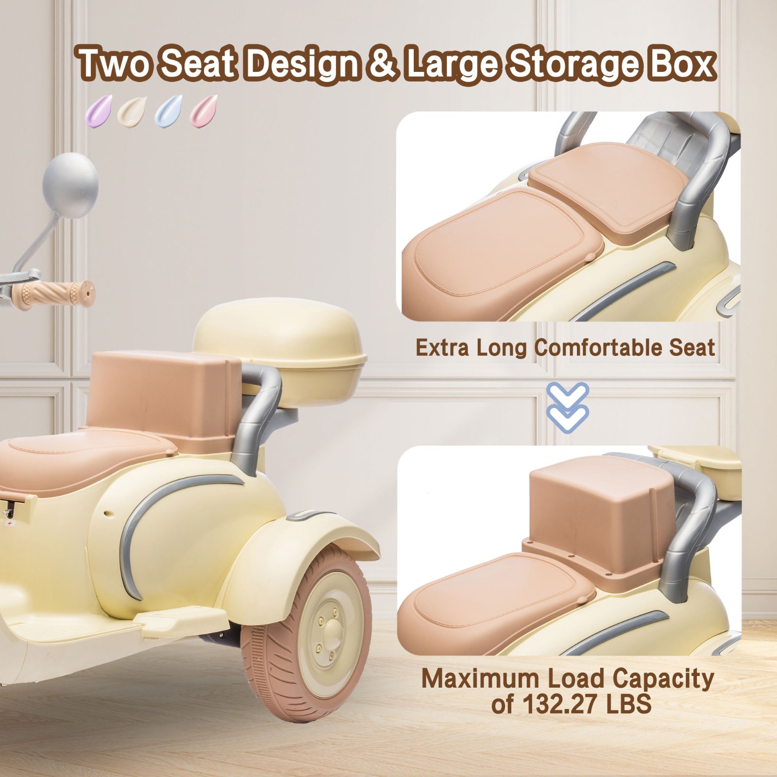 12V Ride on toys Kids Electric Motorcycle 2 Seater w/Bluetooth,LED, Beige