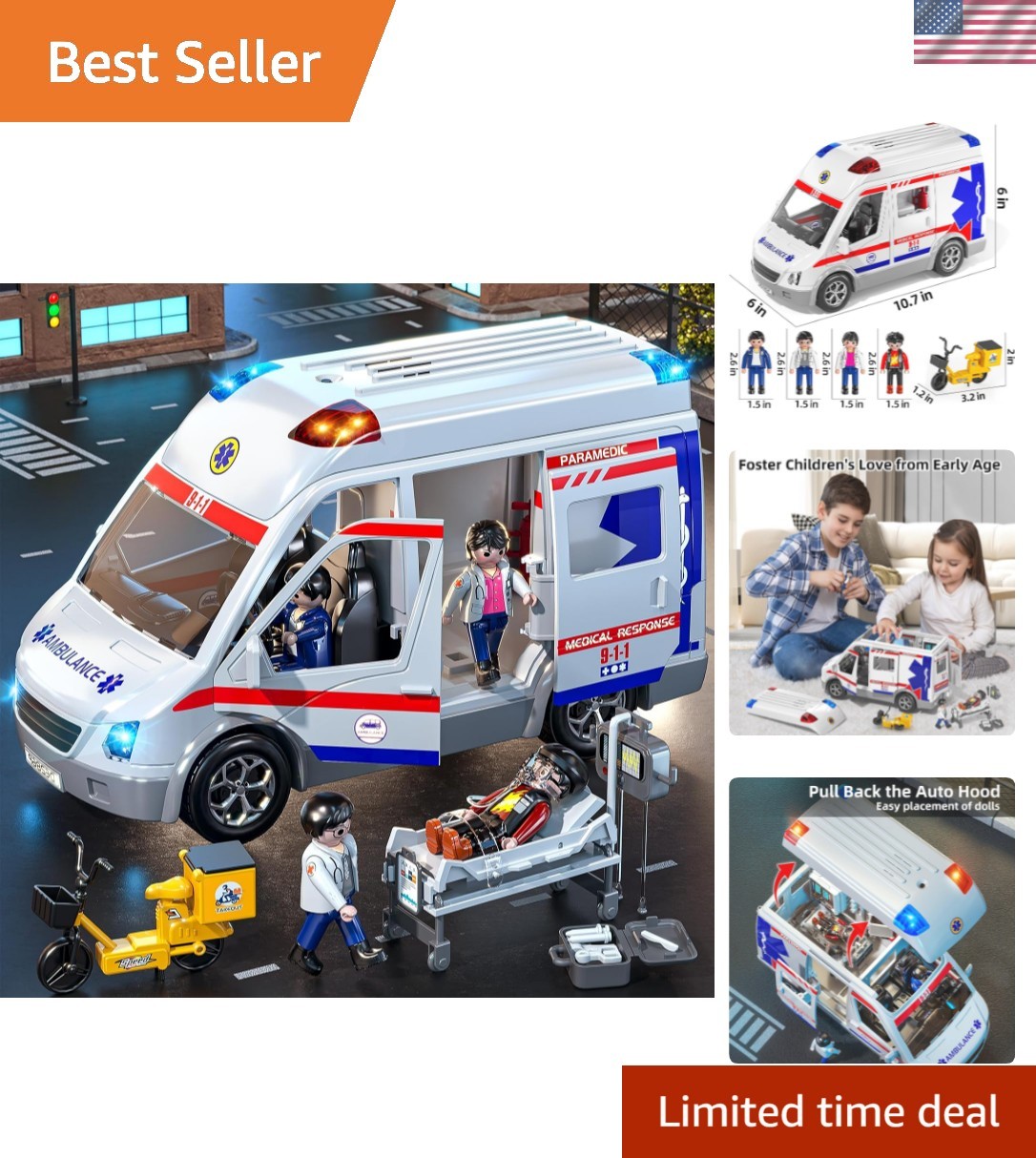 Kids’ Friction Powered Ambulance Truck with Figures & Sound Effects – Ages 3-8