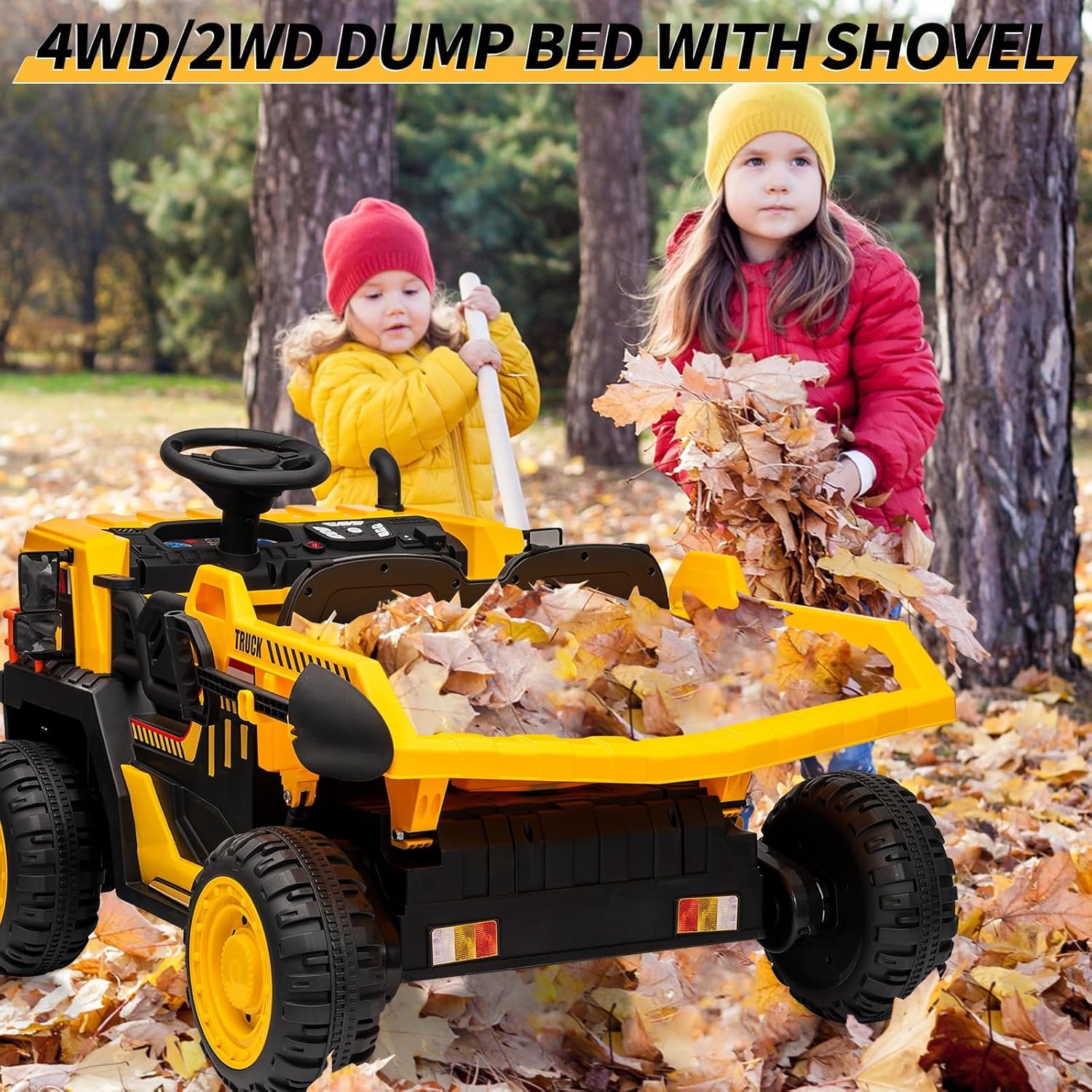 Kids Electric Dump Truck Ride On Car 2 Seater with RC,Dump Bed,4WD Motors Yellow