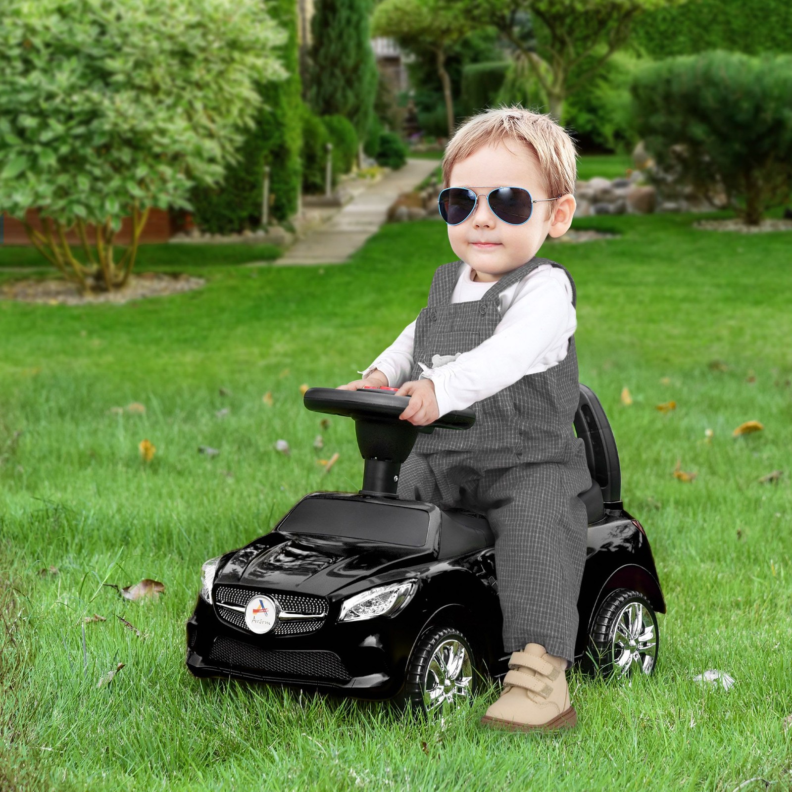 Educational Ride On Push Car 25x11x14.25in Horn Radio Lights Play Black