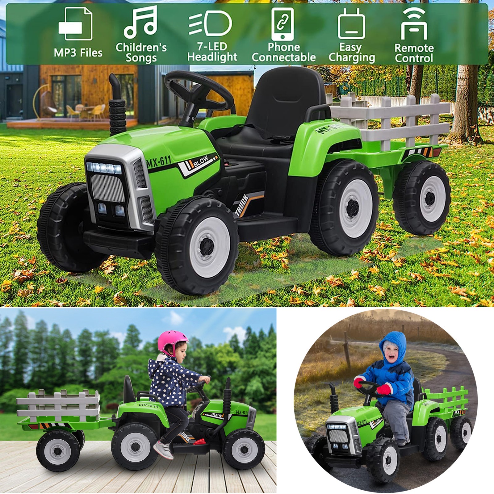 12V Electric Kids Ride On Tractor Battery Powered Toy w/ Trailer Christmas Gift