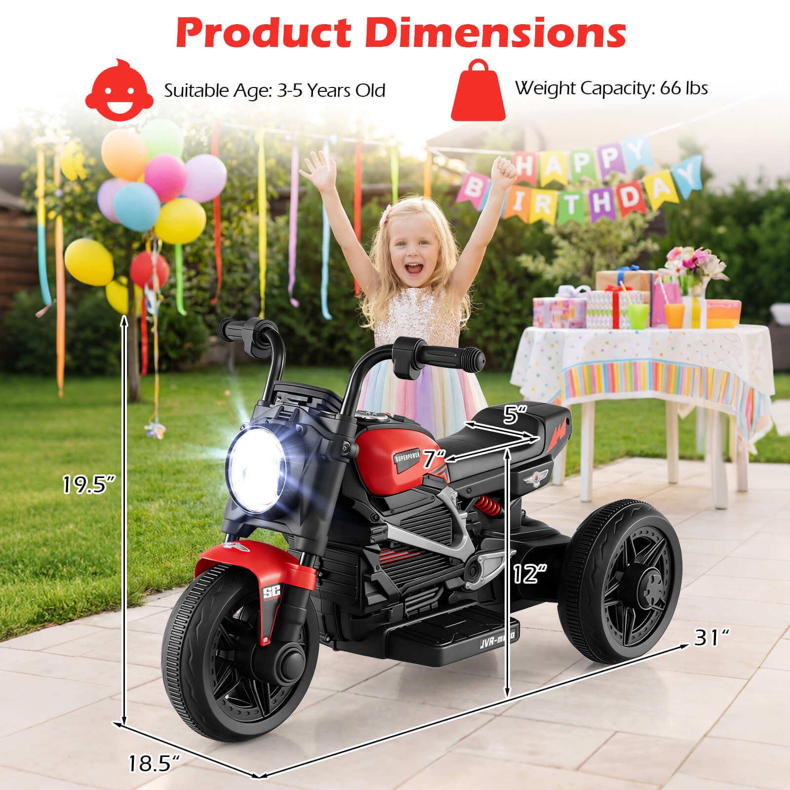 6V Kids Motorcycle w/Song,Story,LED Headlights,Accelerator Pedal & 3 Wheels,Red