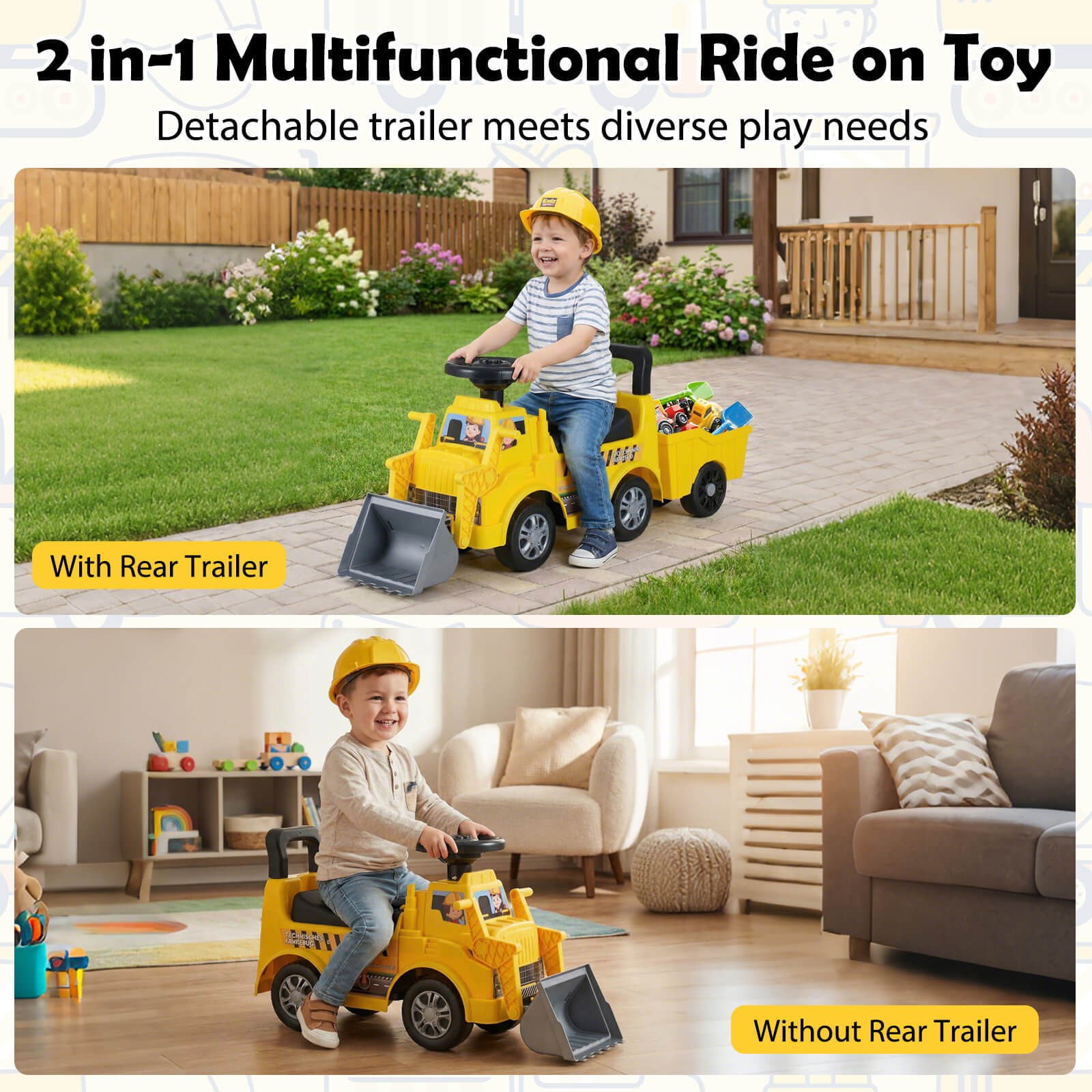 2-in-1 Ride on Excavator w/Detachable Trailer, Shovel, Horn for 18 Months+ Old