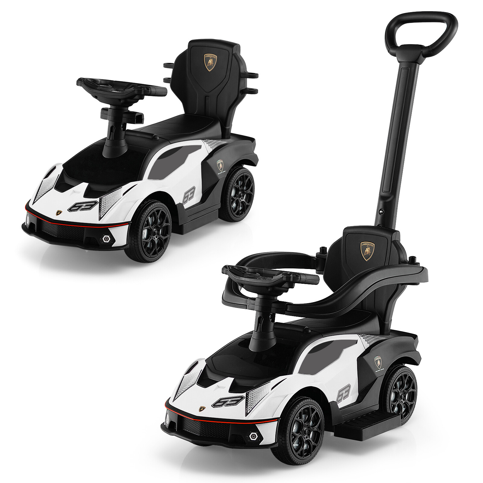 Stroller Sliding Car 3-in-1 Licensed Lamborghini Ride on Push Car w/ Sound White
