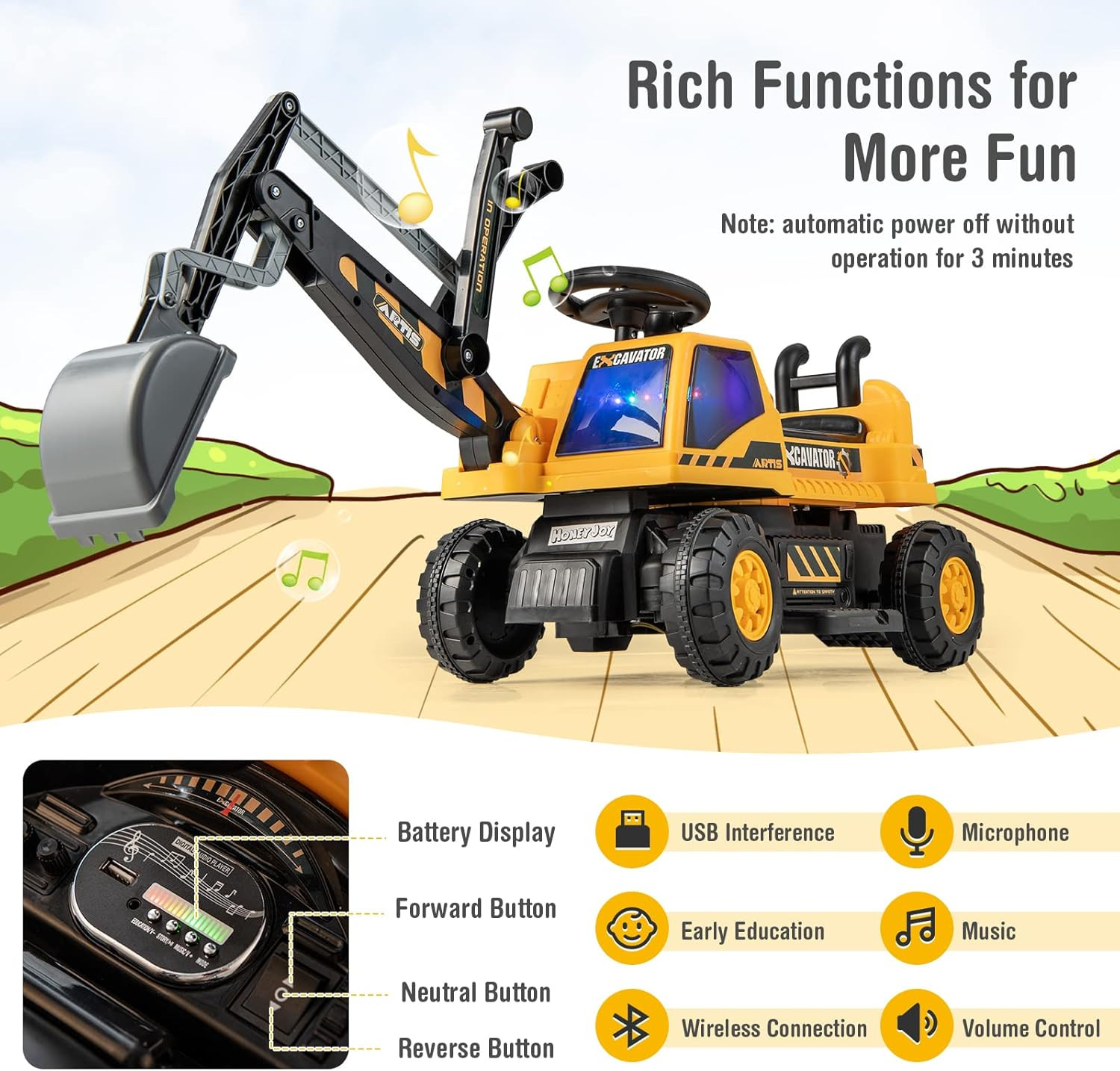 Ride on Excavator, 6V Battery Powered Ride on Construction Vehicles for Kids, un