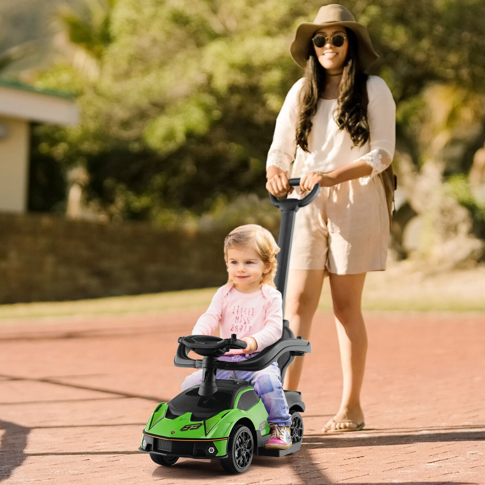 3-in-1 Licensed Lamborghini Ride on Push Car Stroller Sliding Car w/ Sound Green
