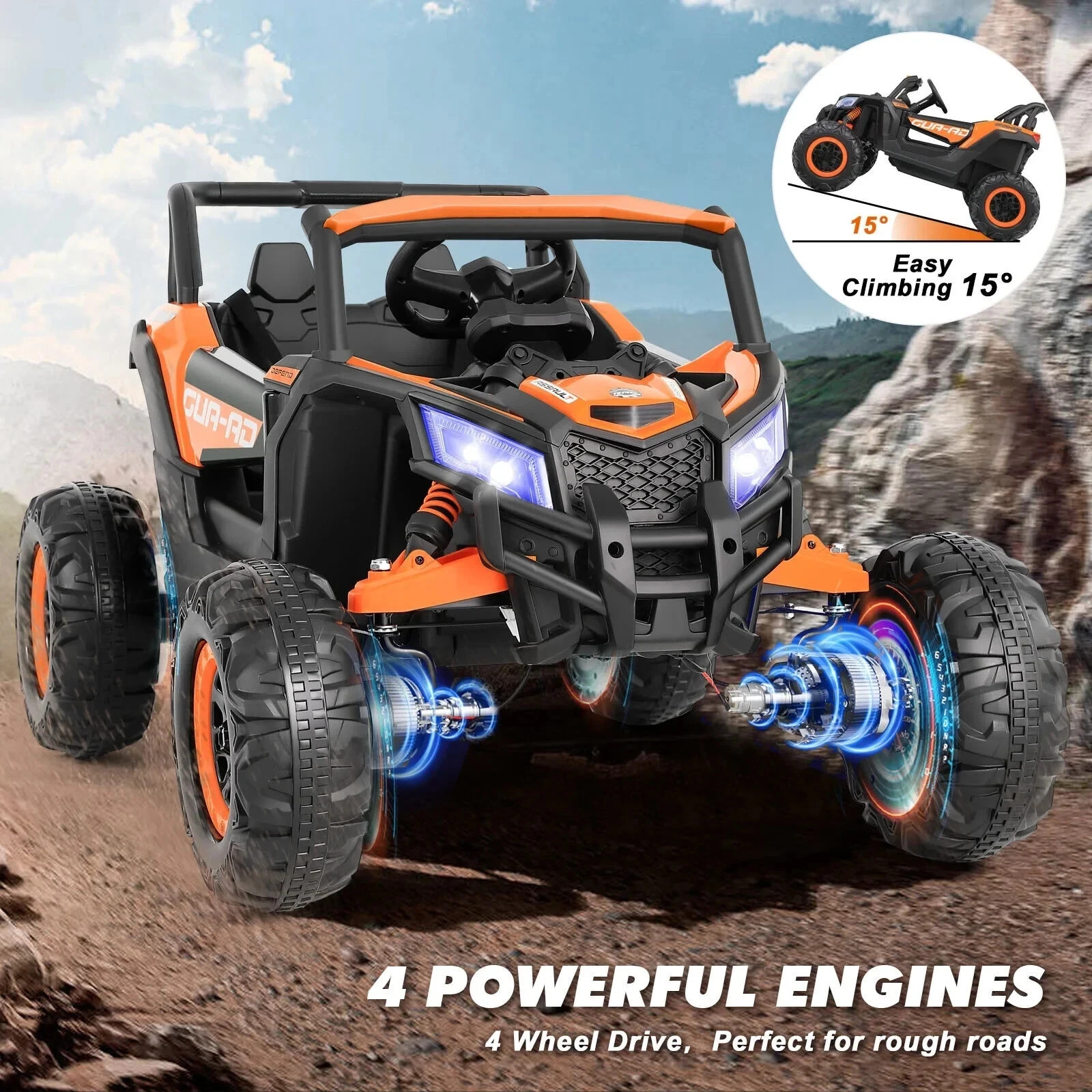 JOYLDIAS Orange 12V Ride on UTV Car Kids Electric Vehicle 3-Speeds,Music,Remote