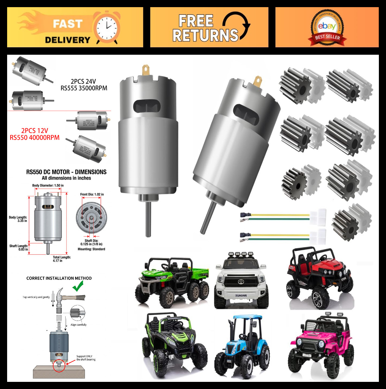 High-Speed 12V 18V 20V 24V Electric Motor Upgrade for Kids Ride-On Toys – 2PCS