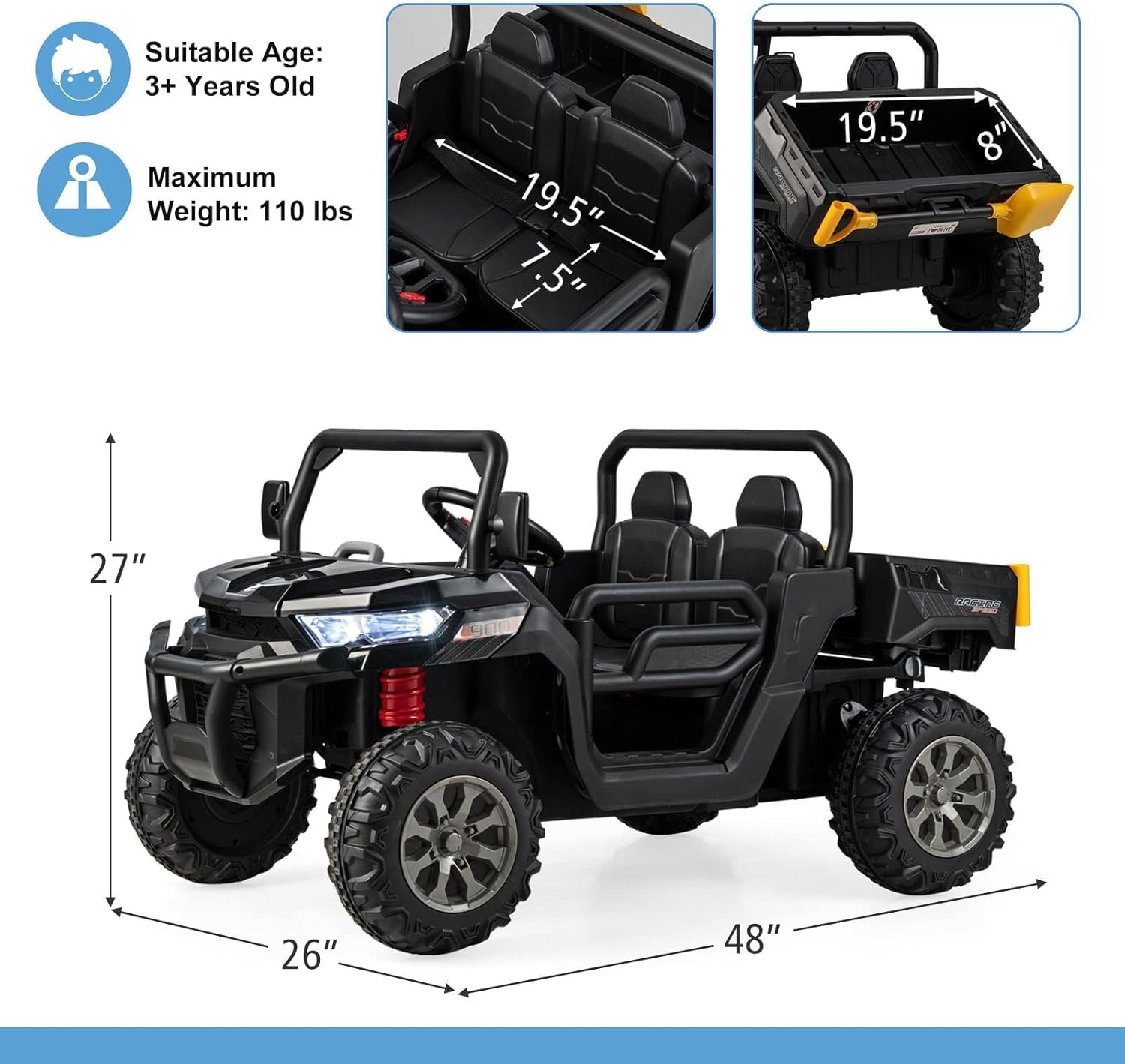 2 Seater Ride on Car, 12V Off-Road UTV Electric Vehicle with Remote Control, Dum