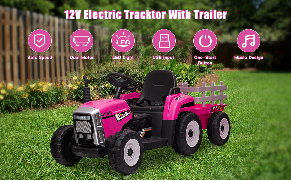 12V Electric Kids Ride On Tractor Battery Powered Toy w/ Trailer Christmas Gift