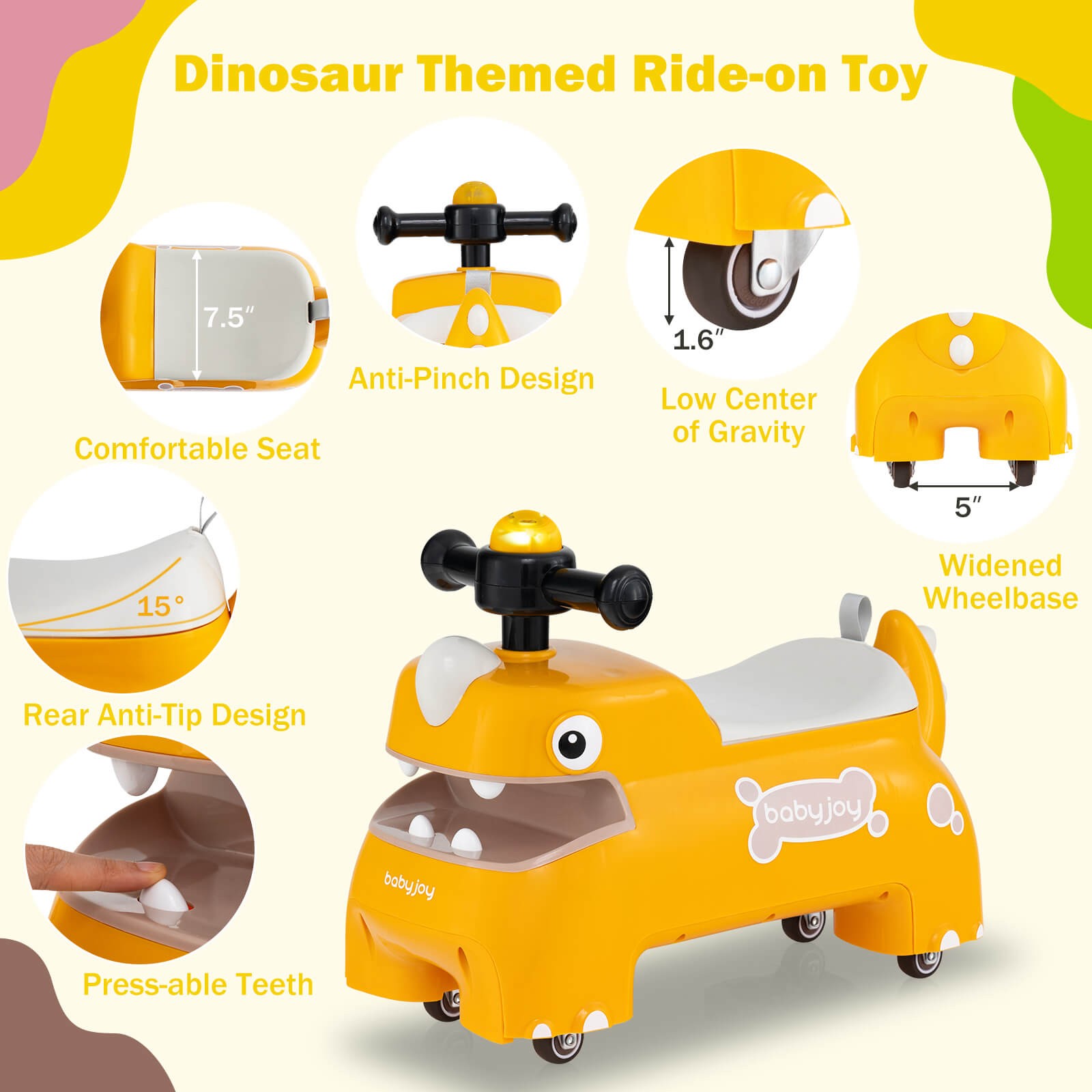 Ride on Toy Baby Dinosaur Sliding Car w/ 4 Universal Casters Under-Seat Storage