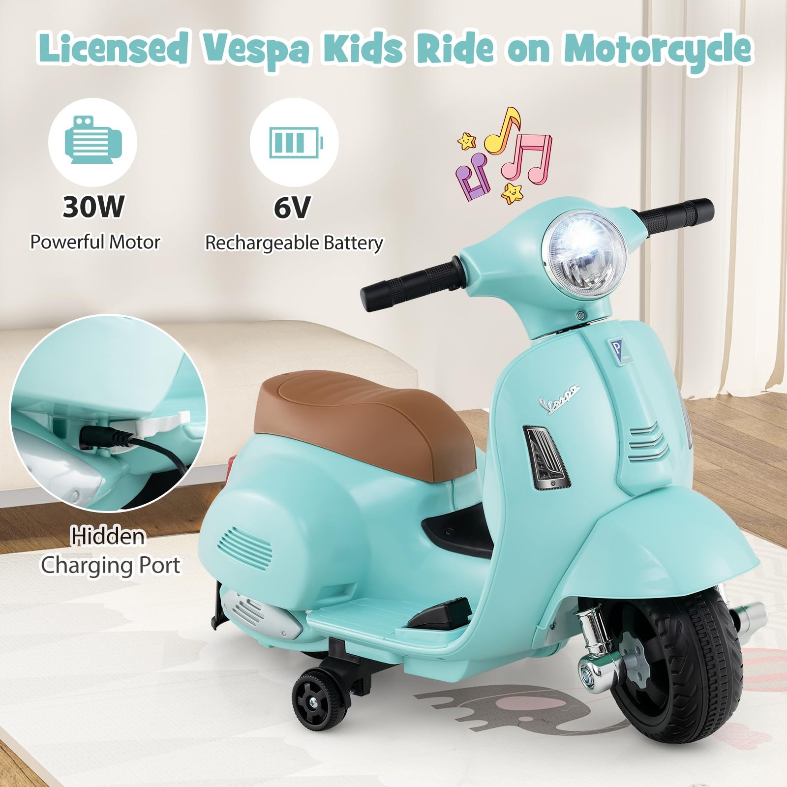 Costzon Toddler Motorcycle Licensed Vespa Ride On Motorcycle Training Wheels