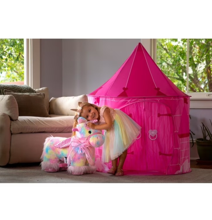 Dynacraft Unicorn 6V Plush Ride-On, Ages 18 Months-3 Years,With Pink Castle Tent