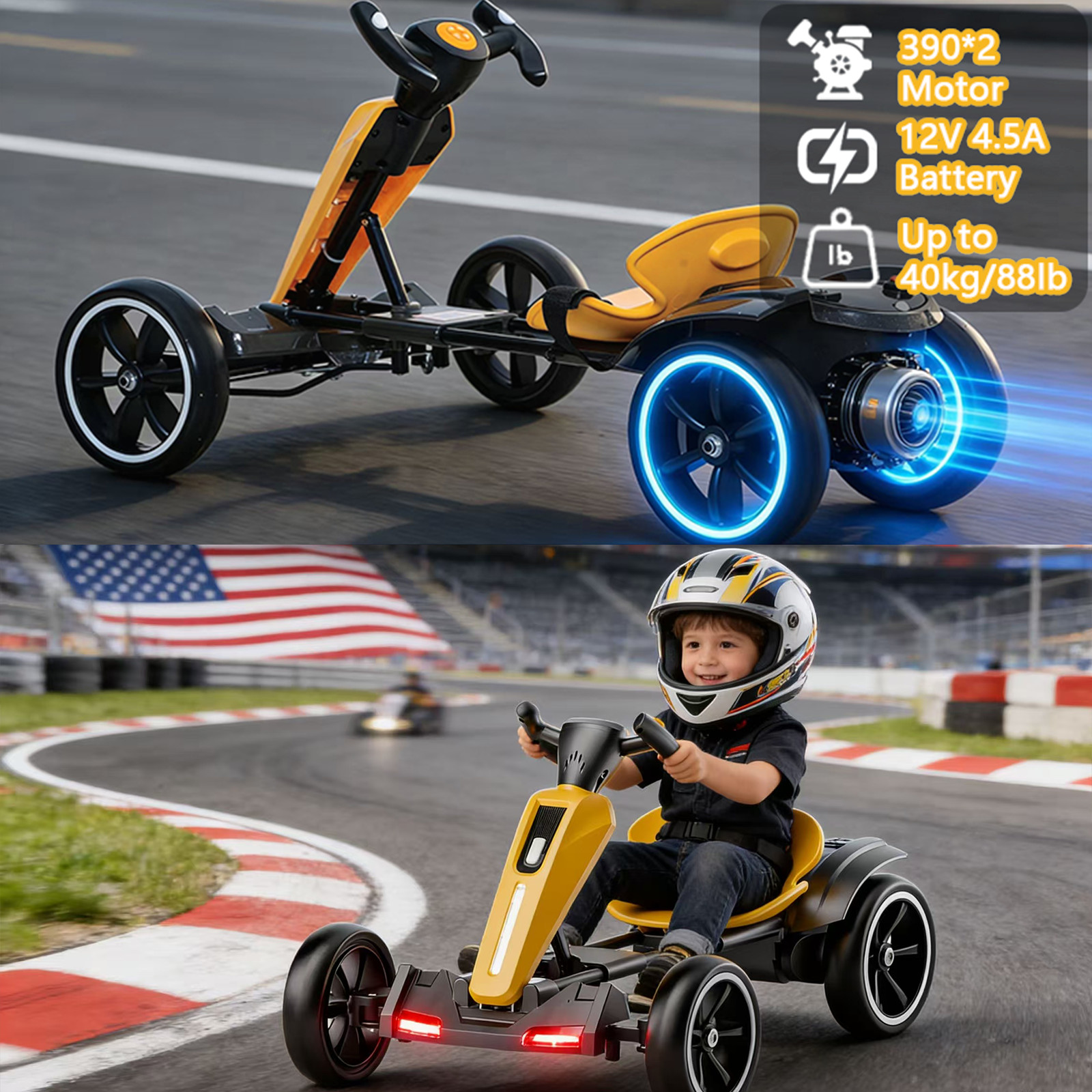 12V Electric Go Kart for Kids with Adjustable Seat Kids Pedal Go Kart, Yellow