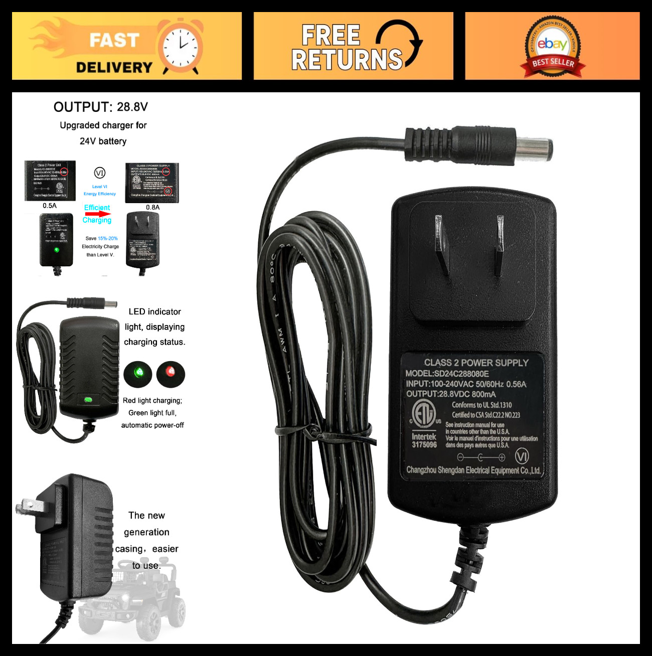 24V Battery Charger for Kids Ride-On Toys, 28.8V 0.8A Fast Charger for Electric