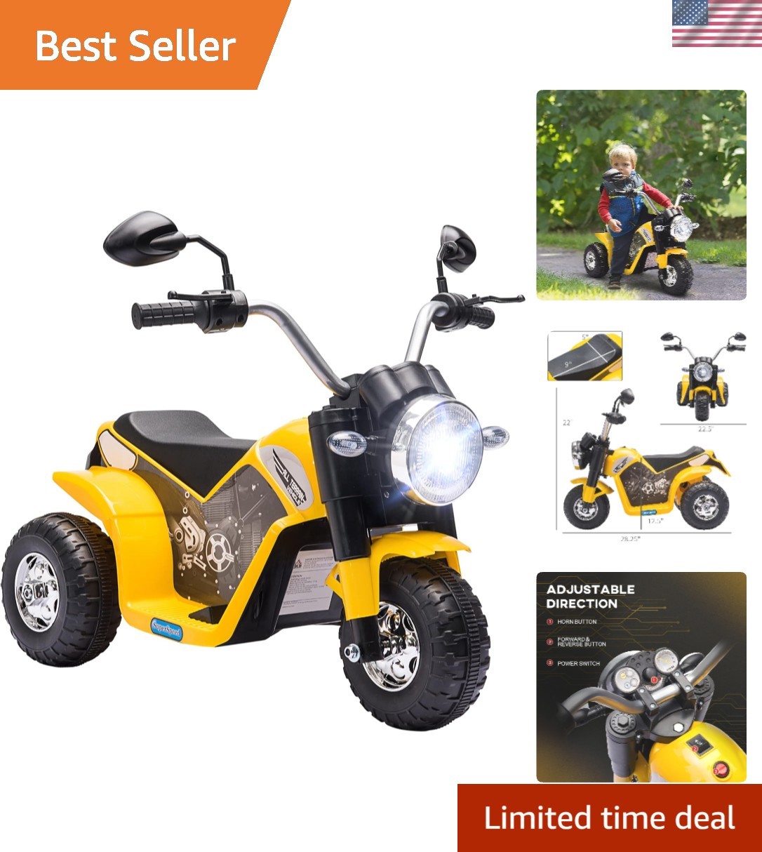 Kids Electric Motorcycle with Horn and Lights – 3-Wheel Ride-On for 18-36