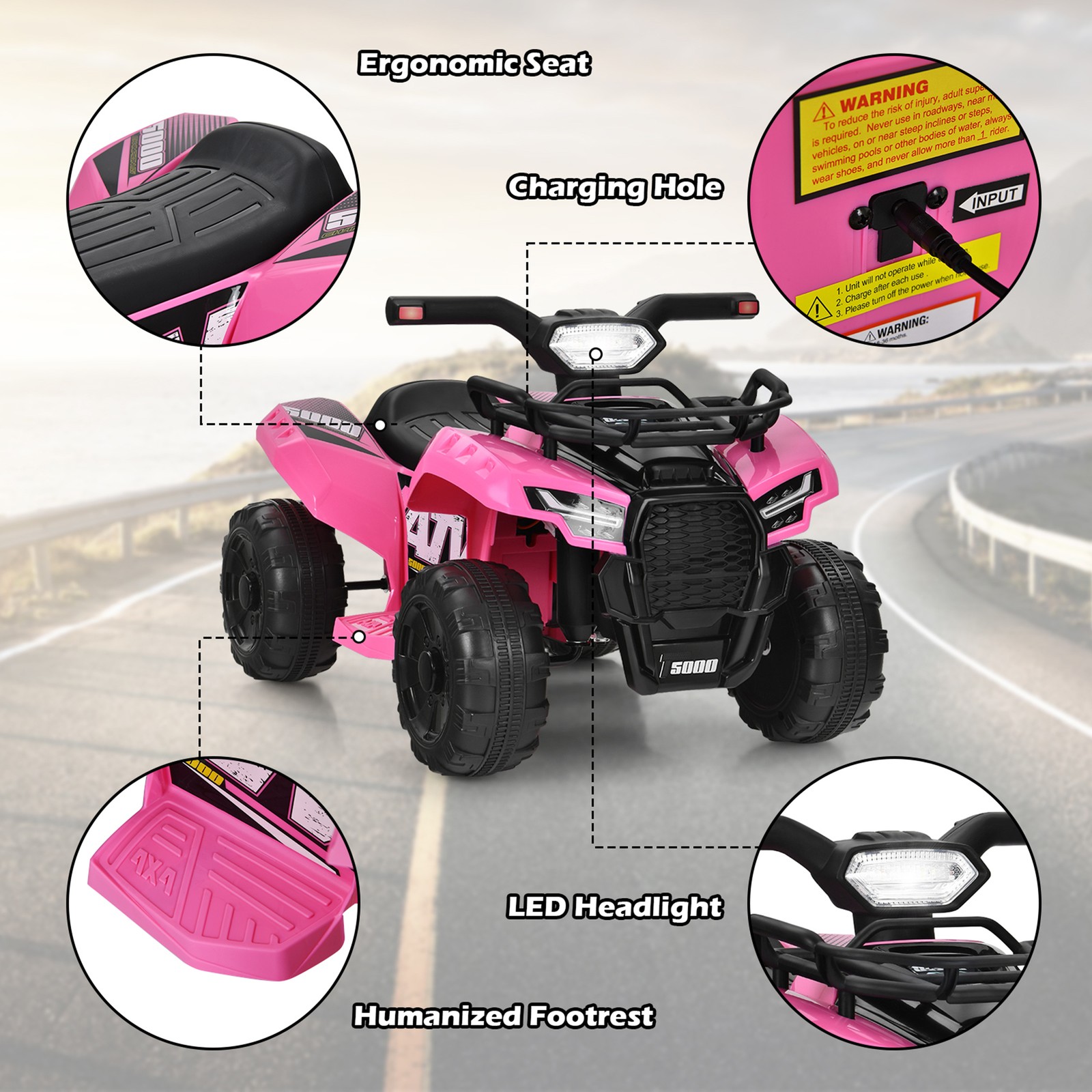 6V 4 Wheels ATV Quad Ride On Car Kids Ride-On Toy w/ Music Horn LED Light Pink