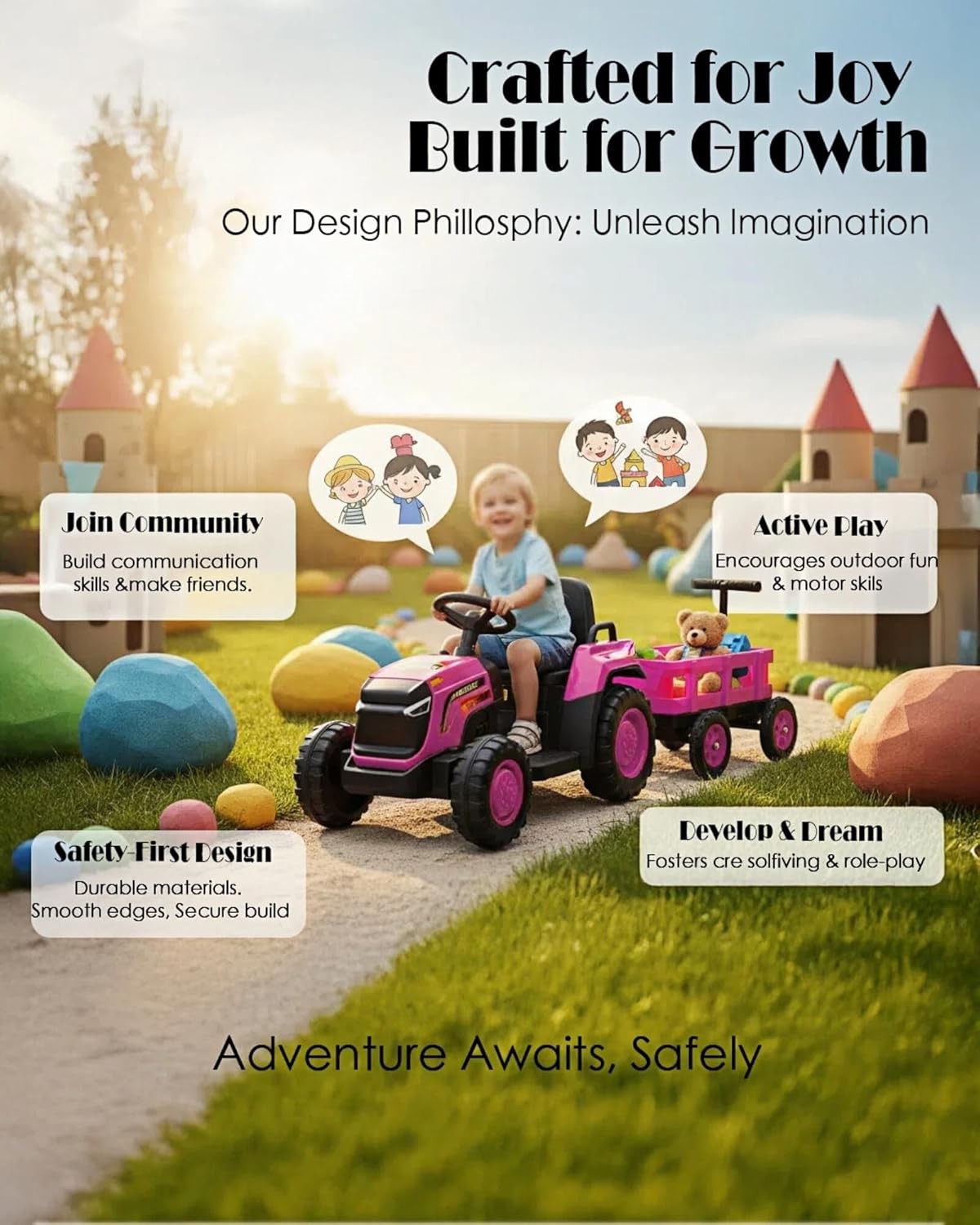 Toddlers Ride on Tractor with Garden Cart,12V Electric Kids Vehicle with Trailer