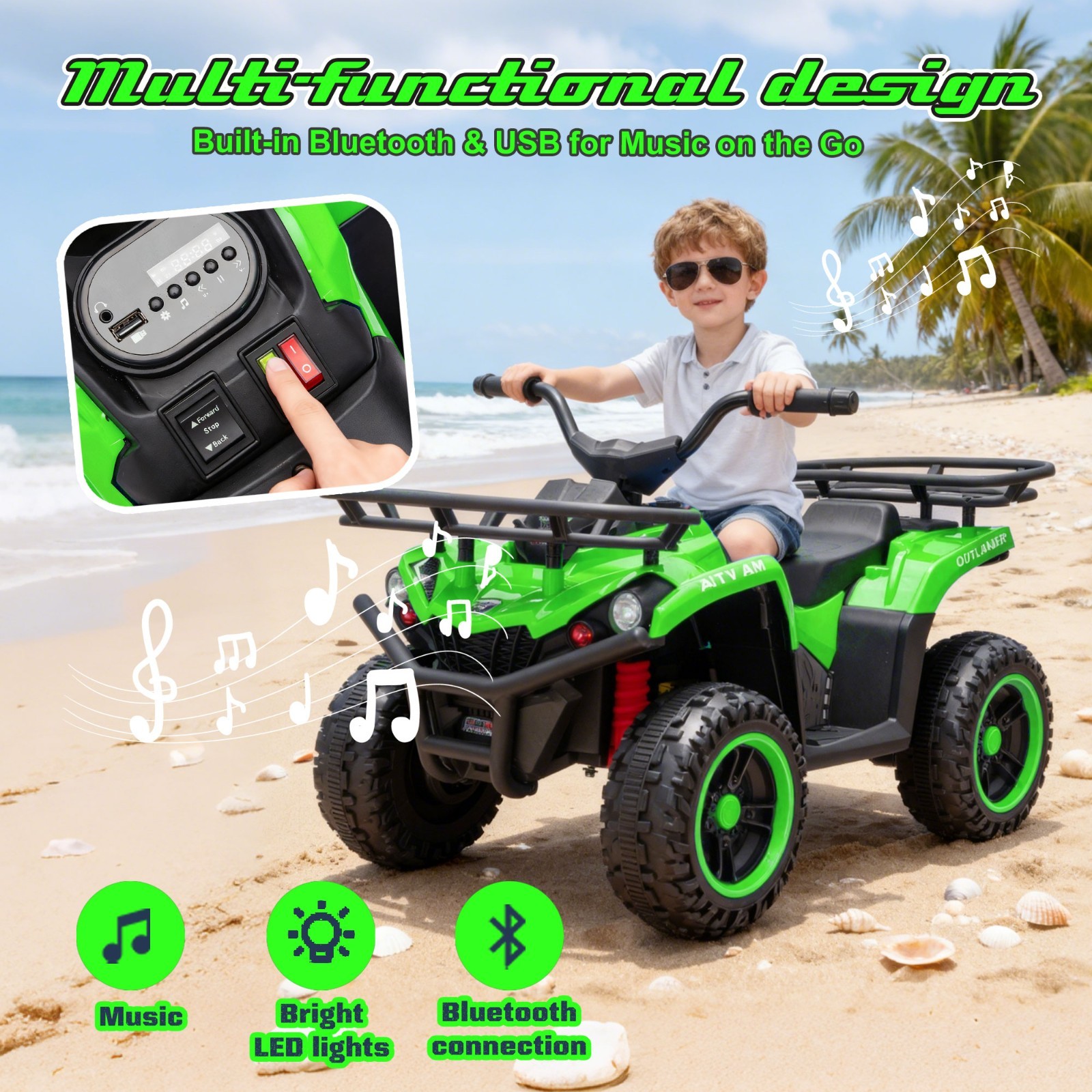 24V Kids Ride On ATV, 160W Off-Road Toys w/LED, Dual Storage Racks, Green