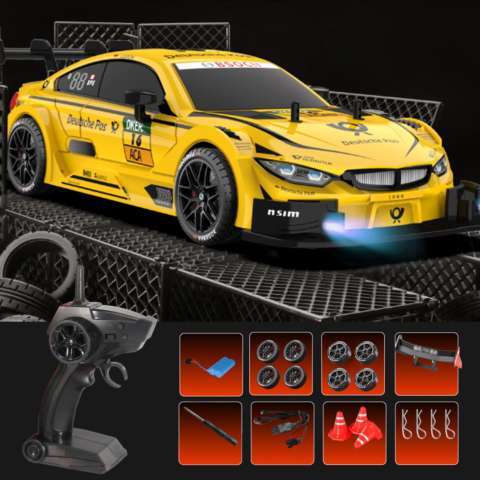 Yellow Four Wheel Drive Remote Control Car With Drifting Tires And Long Batte…