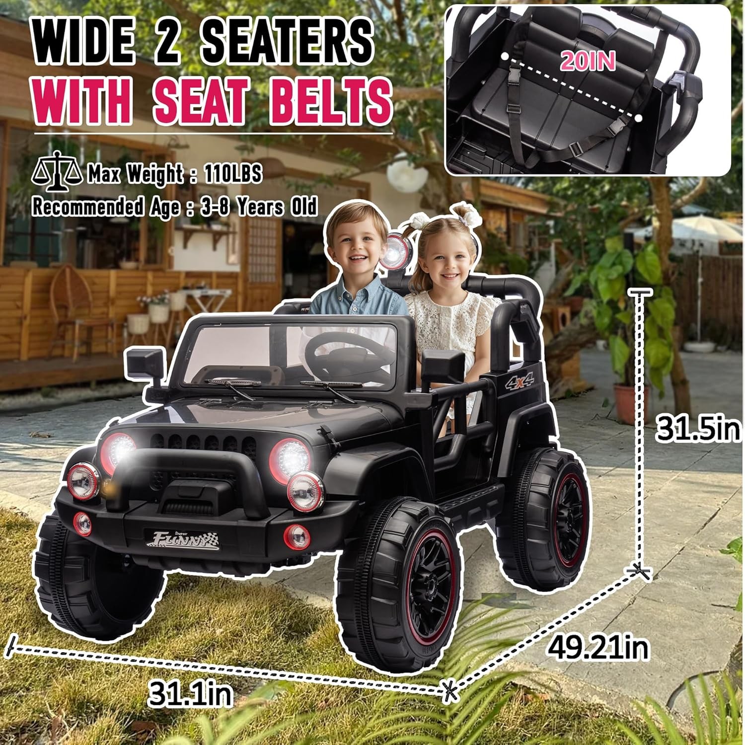 24V 2 Seaters Kids Ride on Truck Electric Car Toys with Remote 20in Width Seat