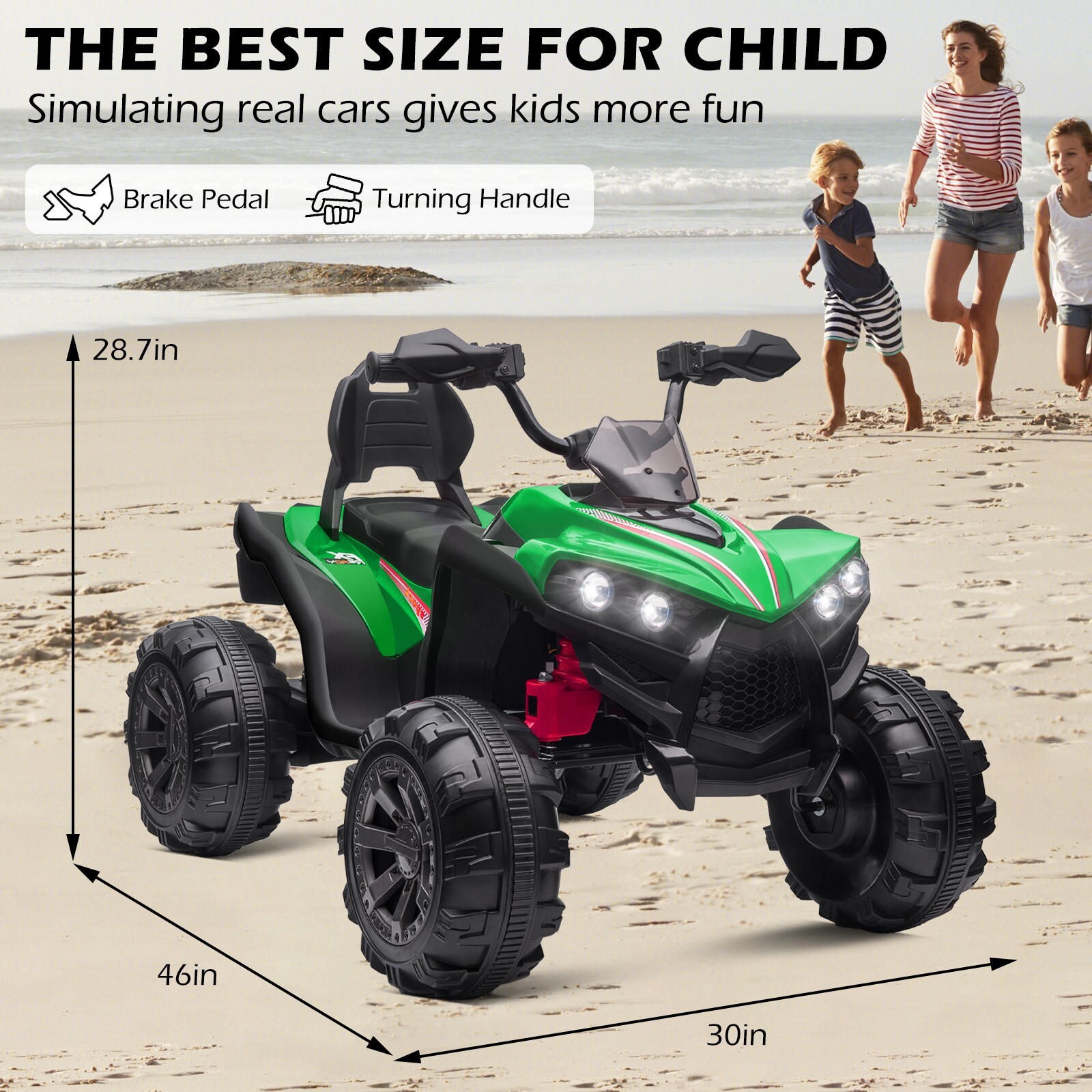 ZEOPHOL 12V Kids Ride-On Electric ATV Off-Road Quad Car Toy 2 Speeds LED Green
