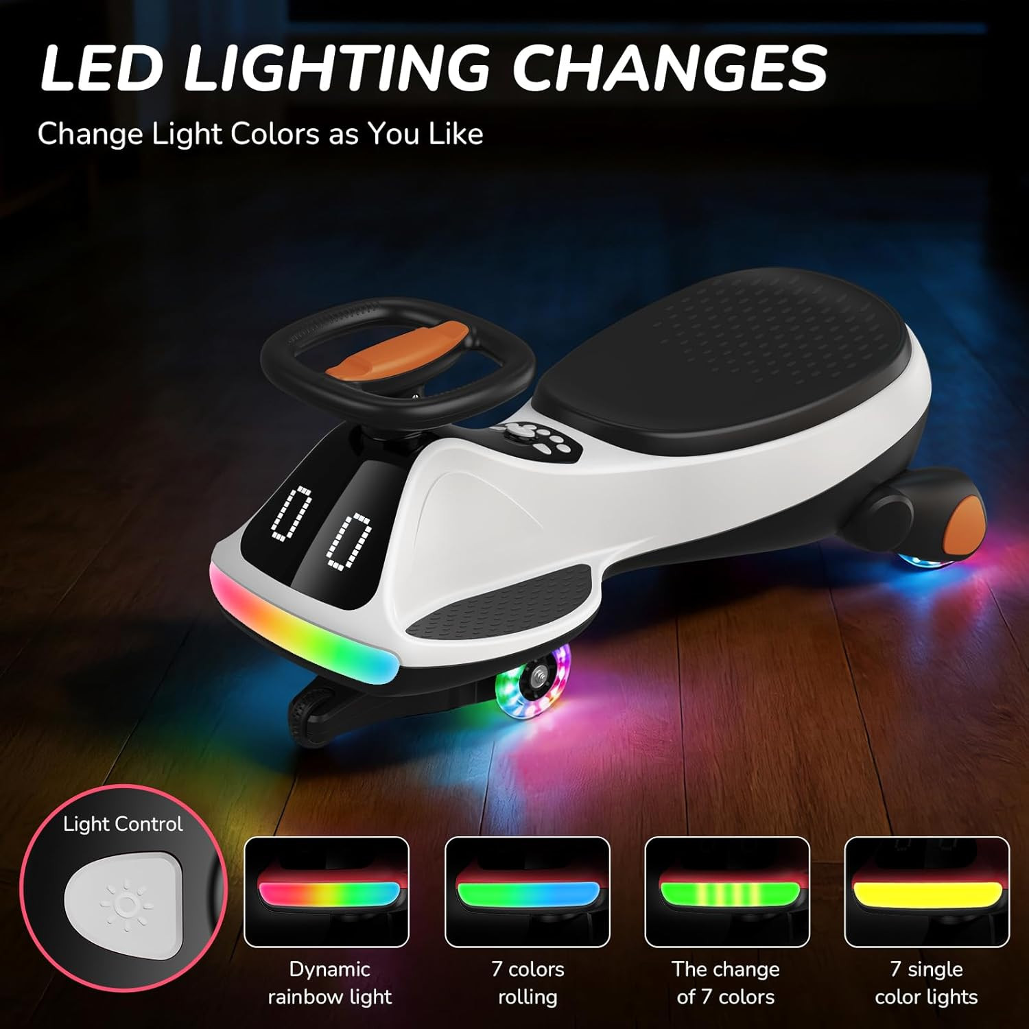 12V Electric Wiggle Car for Kids with Pedal, Display, Rechargeable Battery, LED