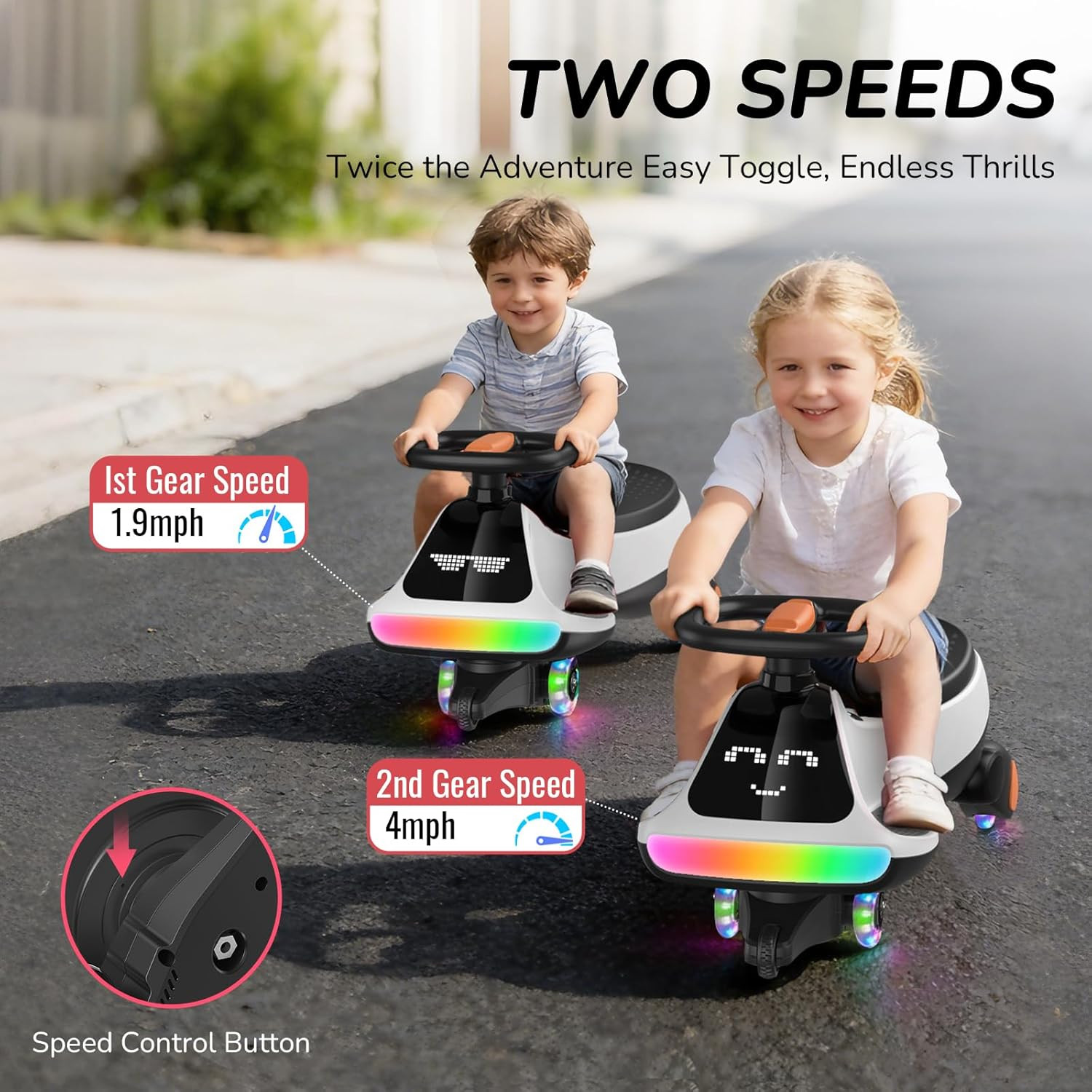12V Electric Wiggle Car for Kids with Pedal, Display, Rechargeable Battery, LED
