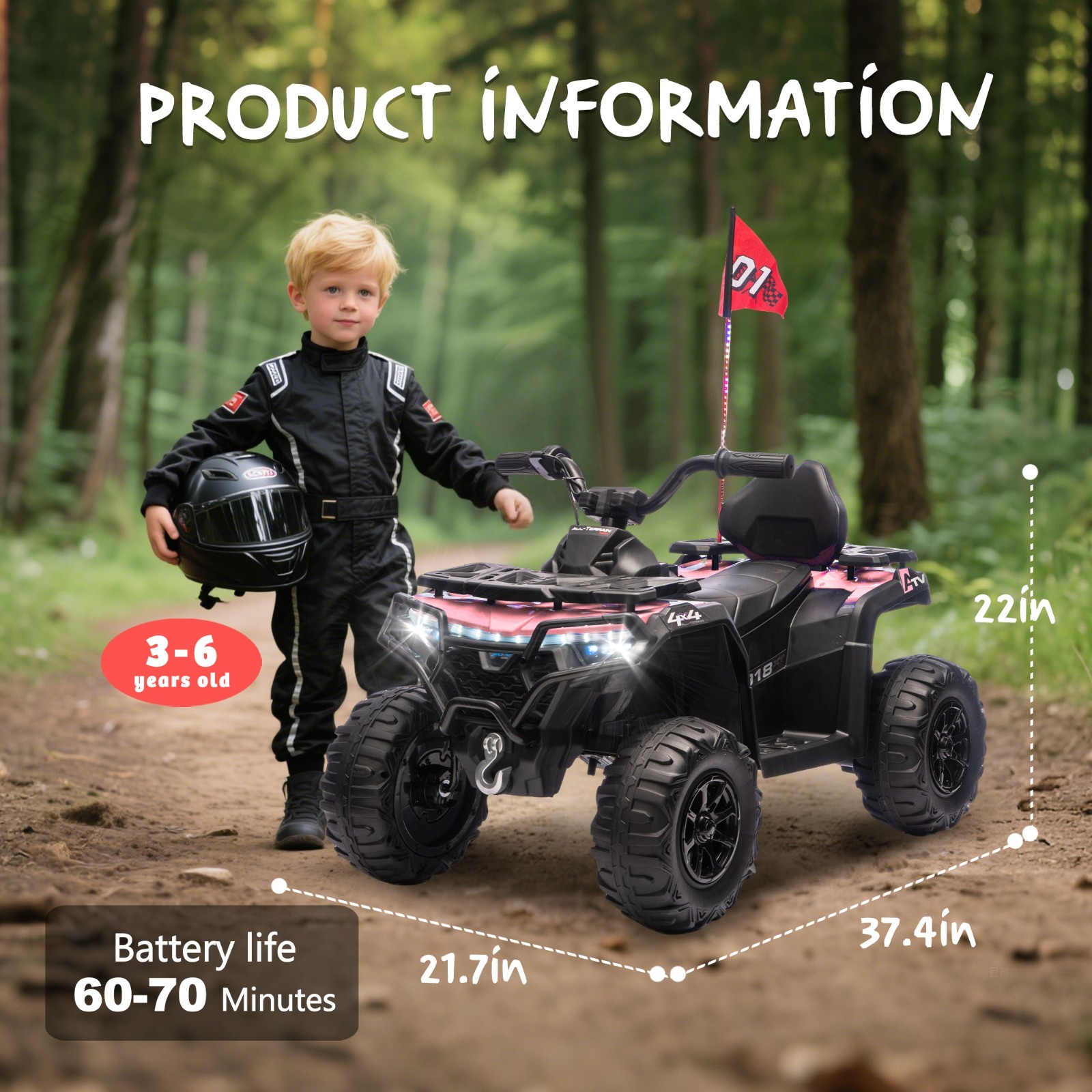 24V 160W Electric Ride-On ATV Off-Road Car with Bluetooth Music for Kids Age 3-6