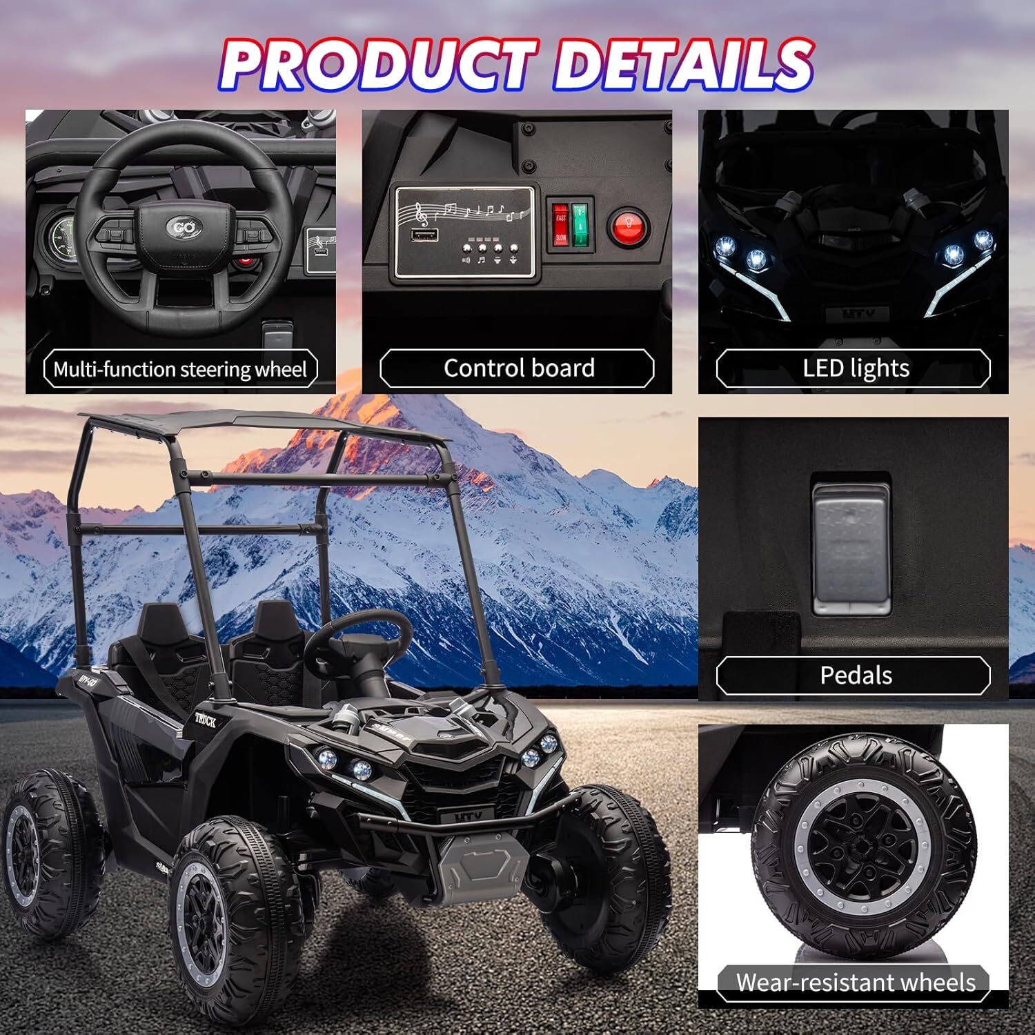 24V Ride On Utv, 2 Seater Electric Truck With Sun Shade, 4WD Electric Car Toy