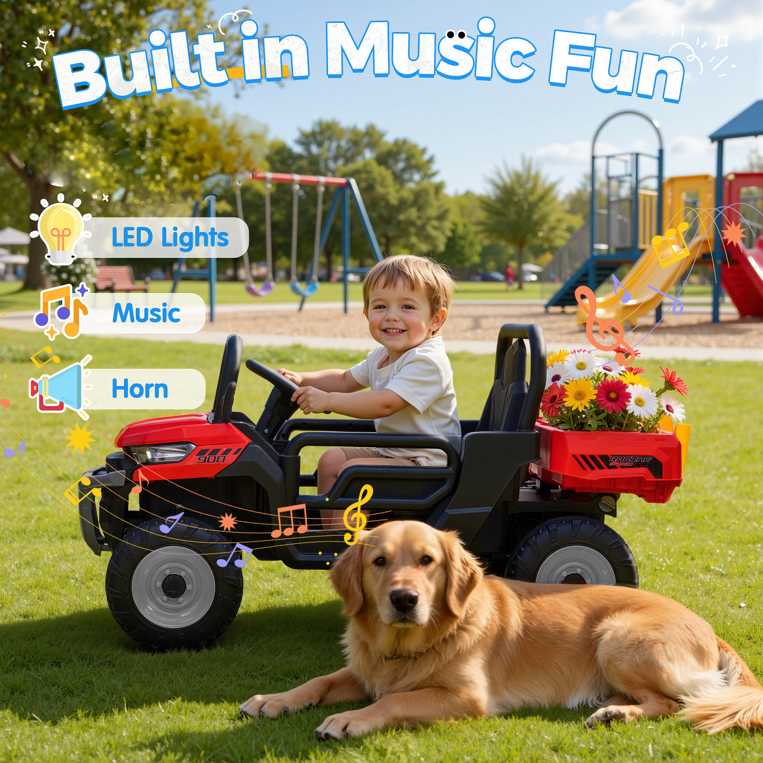 24V Kids UTV Dump Truck RC Spring Suspension Dump Bed Shovel Bluetooth LED Light