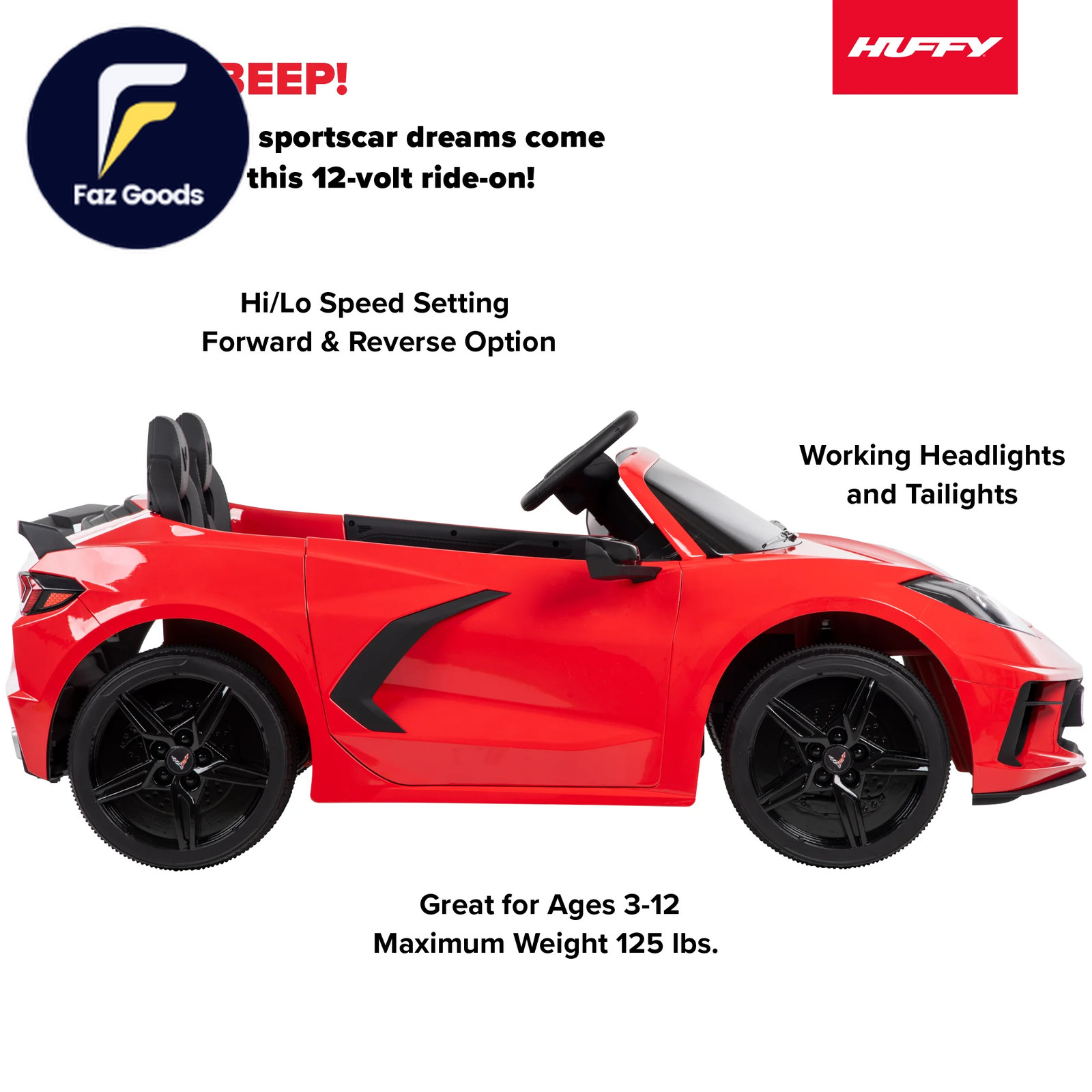 12V Corvette Stingray Battery Powered Ride-On Car Children Ages 3+ Sounds
