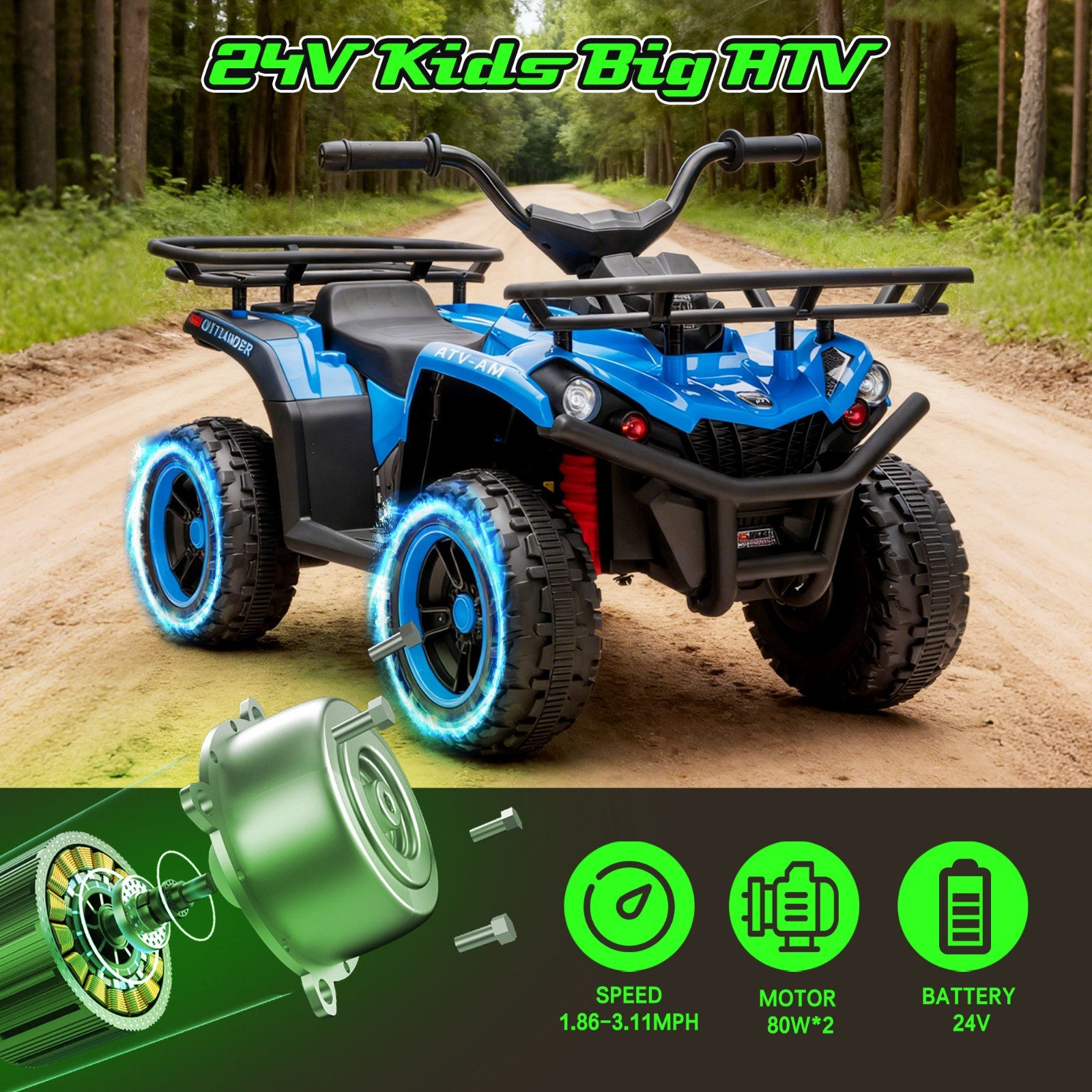 24V Kids Ride On ATV, 160W Off-Road Toys w/LED, Dual Storage Racks,Blue