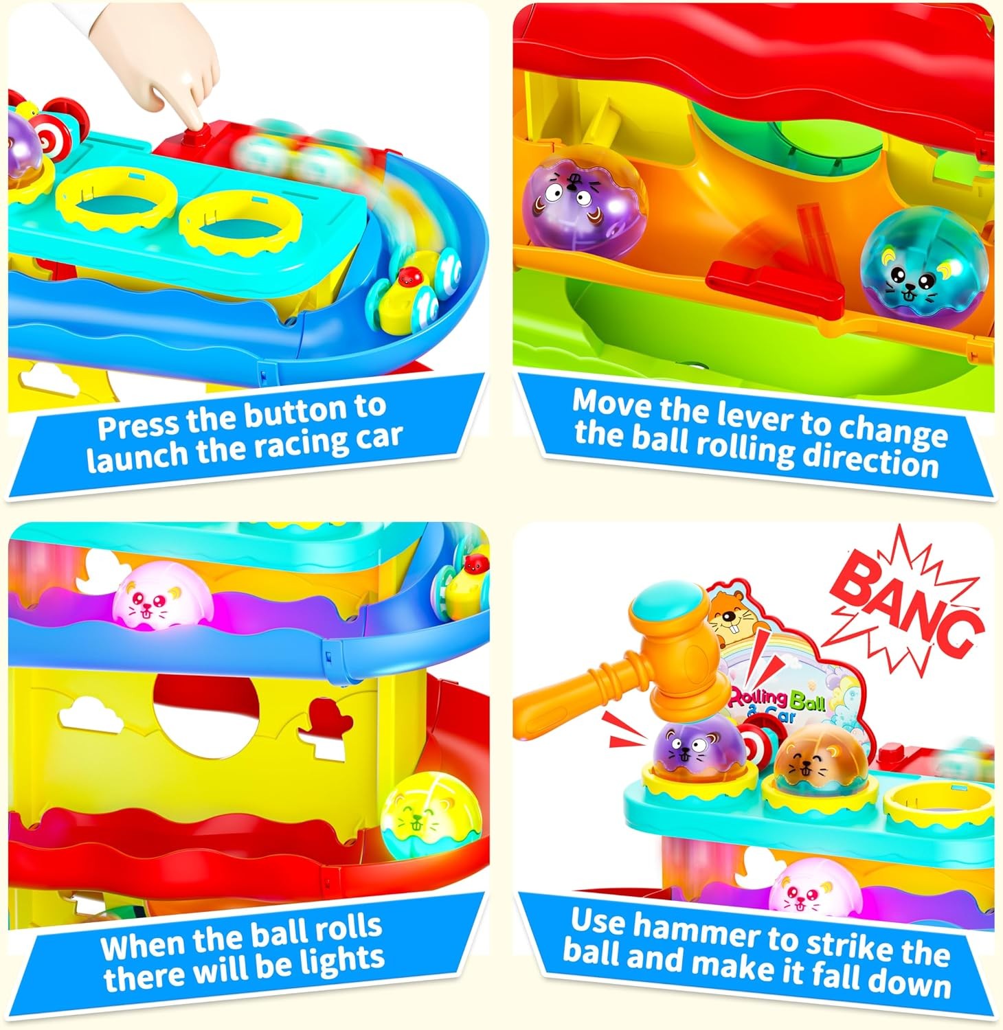2-in-1 Light Up Rolling Ball & Racing Car Ramp Toddler Toy Race Track Hammer