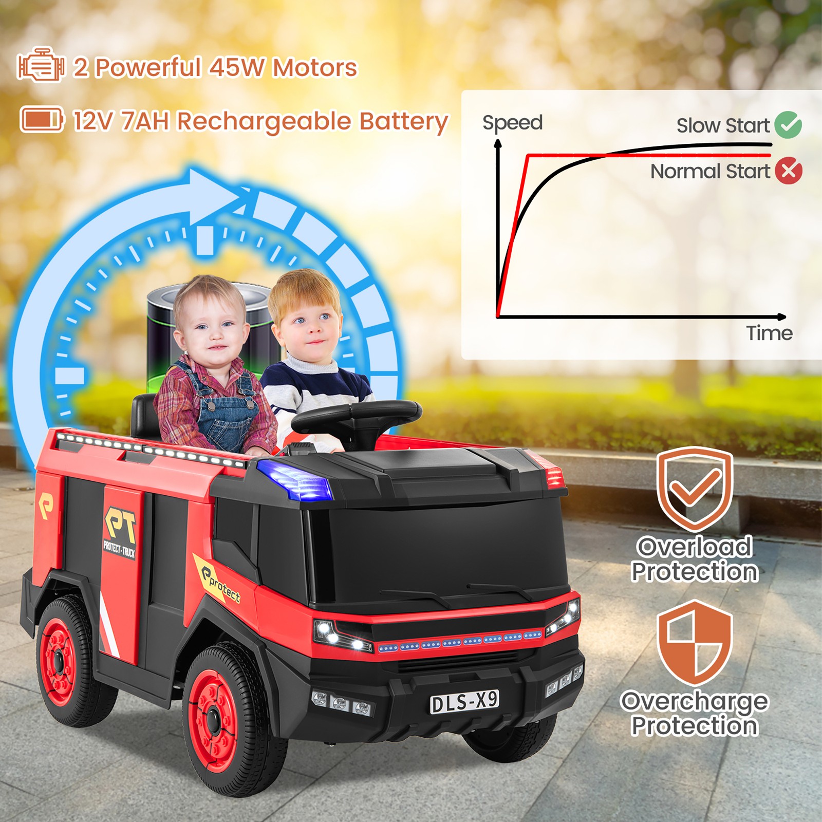 2-Seater Kids Ride on Fire Truck w/Remote Control Water Gun Extinguisher Shovel