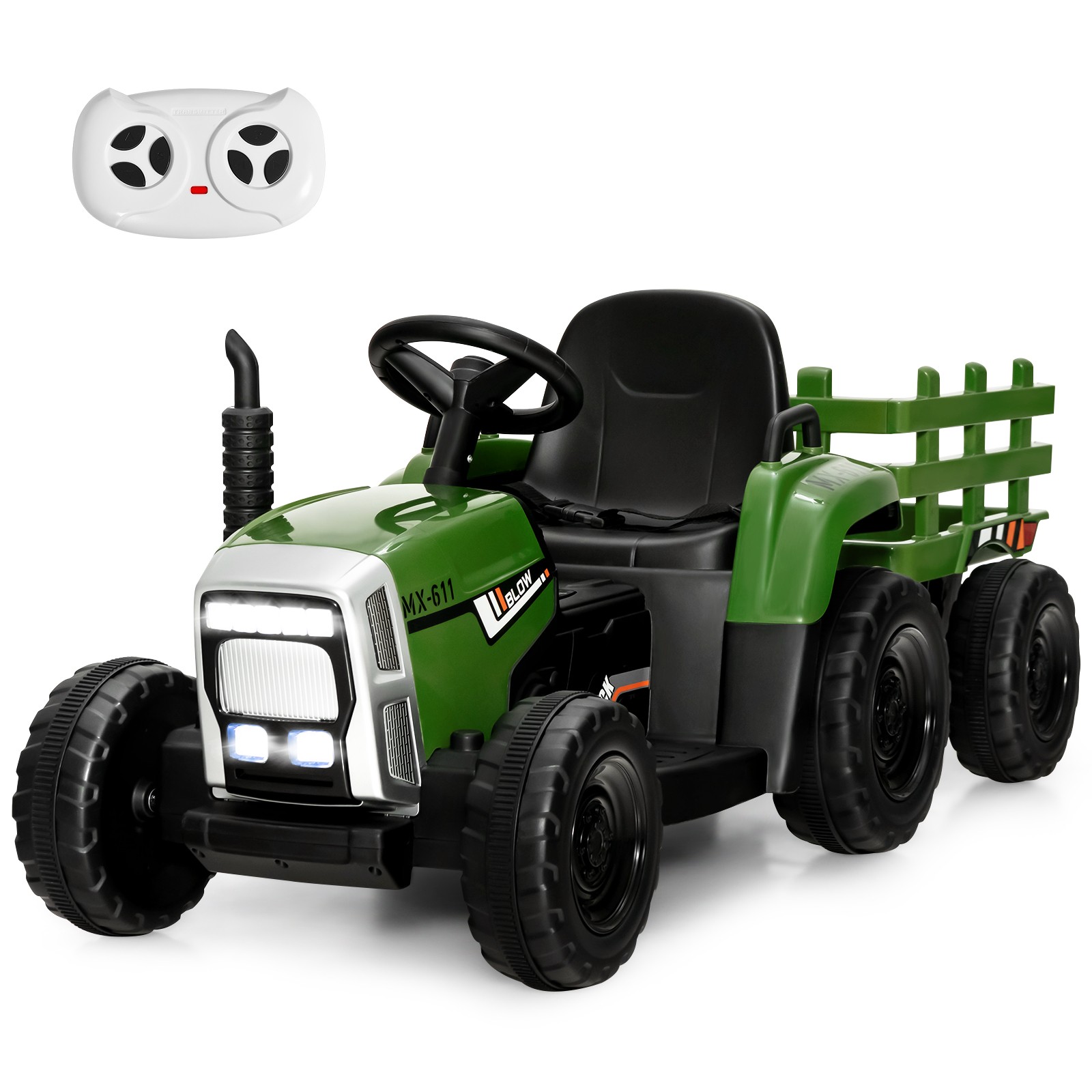 12V Kids Ride On Tractor with Trailer Ground Loader w/ RC & Lights Dark Green