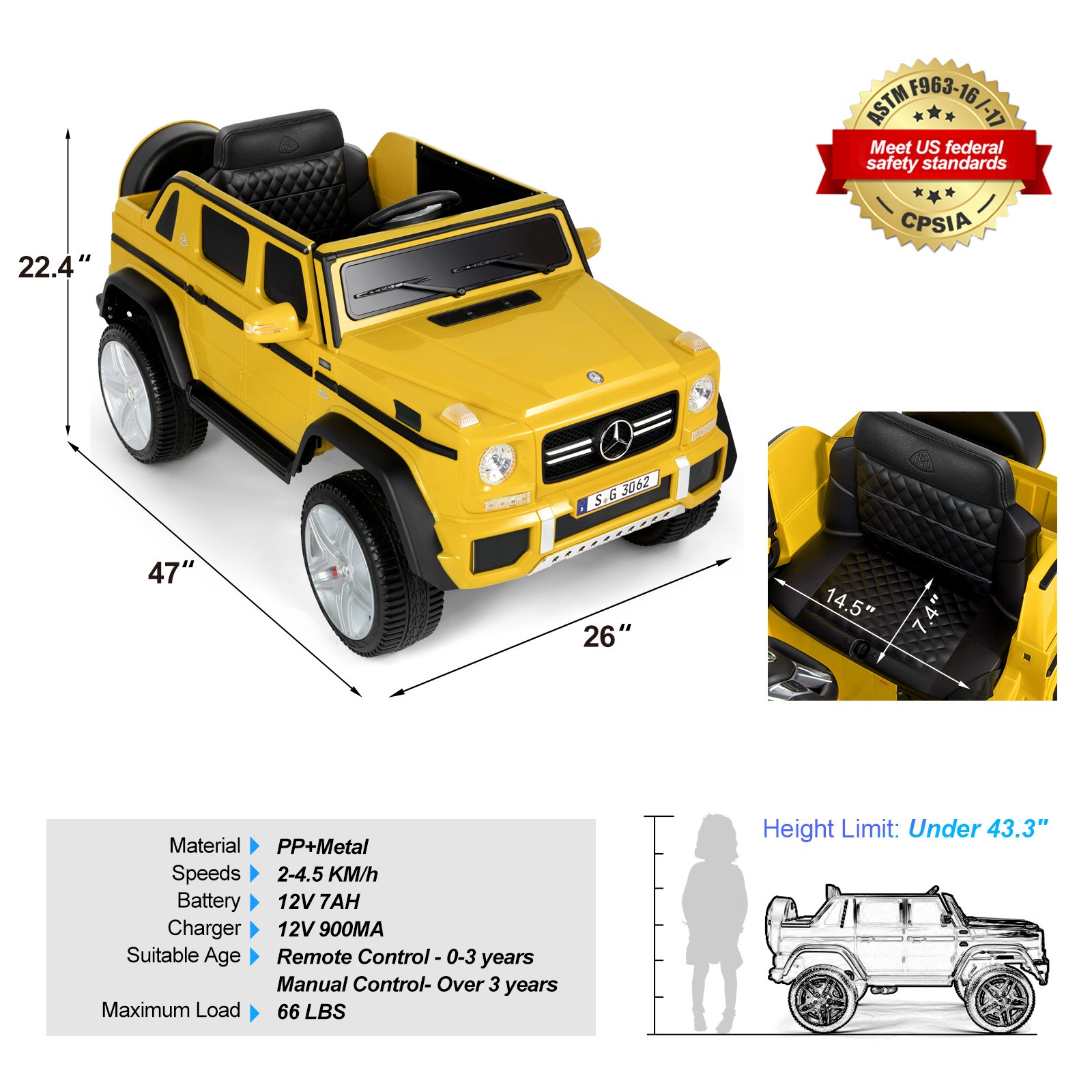 New 12V Battery Kids Yellow Ride On Mercedes-Benz Car w/3 Speed,LED,Music,Remote