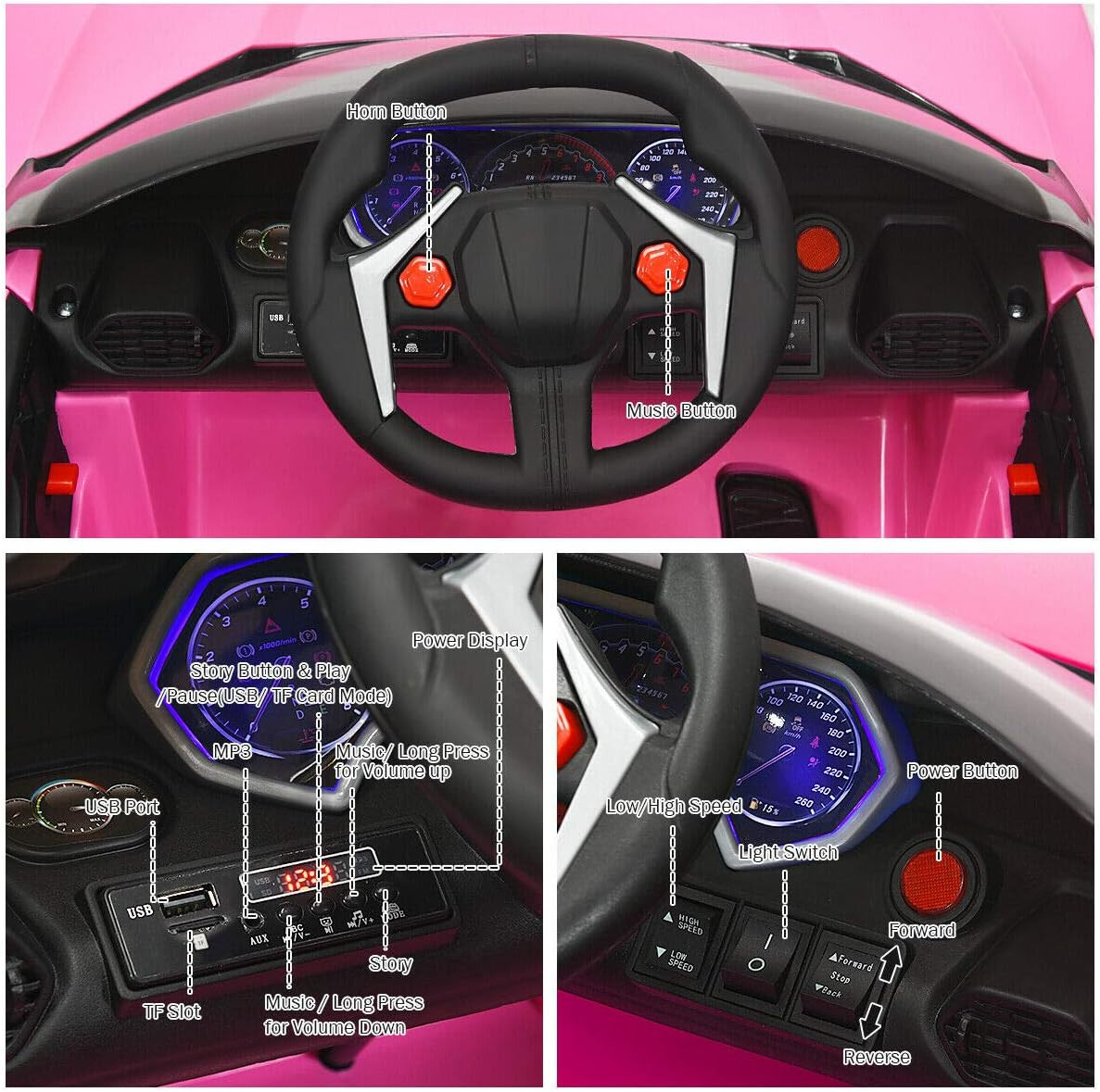 Pink Ride on Car, 12V Battery Powered Electric Vehicle W/Remote Control,3 Speeds