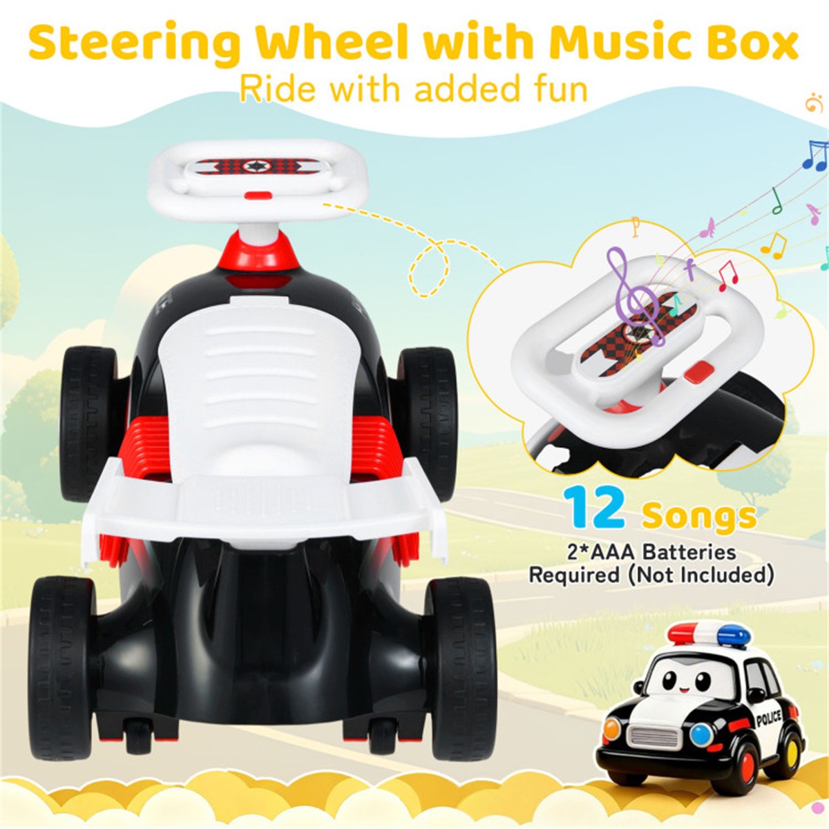 Toddler Ride On Sliding Car with Music Storage Seat for 1-3 Years Police Theme