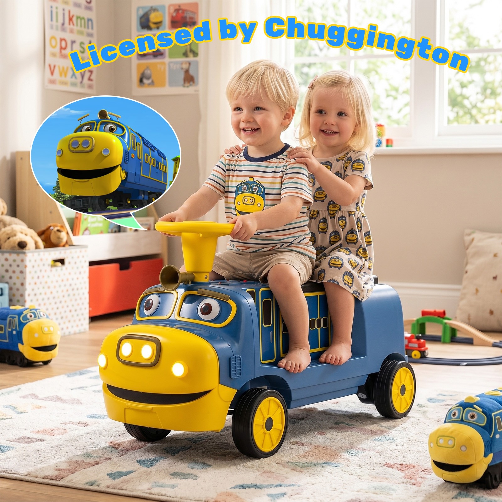2-Seater Ride on Train,Licensed Chuggington Electric Vehicle w/Adjustable Seat