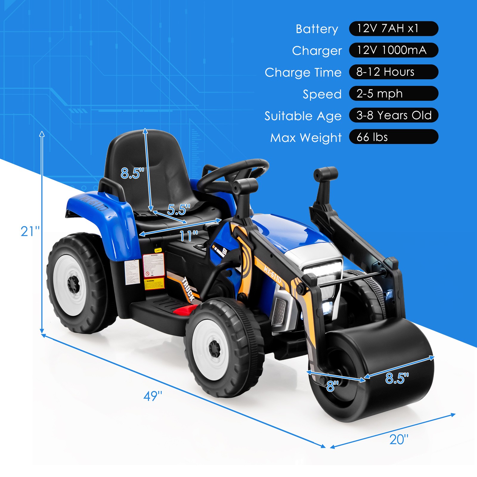 Kids Ride On Road Roller 12V Electric Tractor Remote w/ Music & LED Light