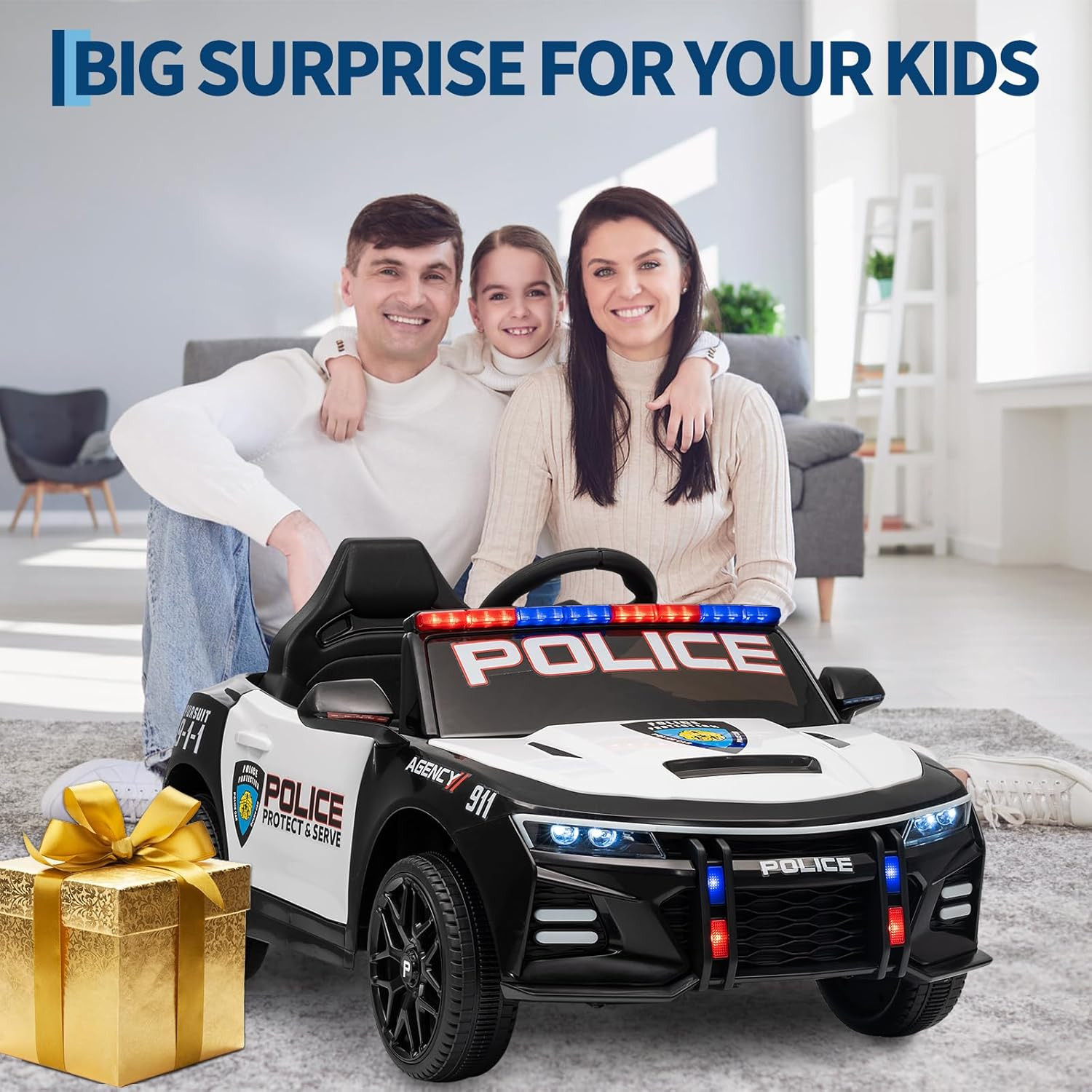 12V Police Car Ride on Toys, Ride on Electric Car for Kids to Drive, Battery Pow